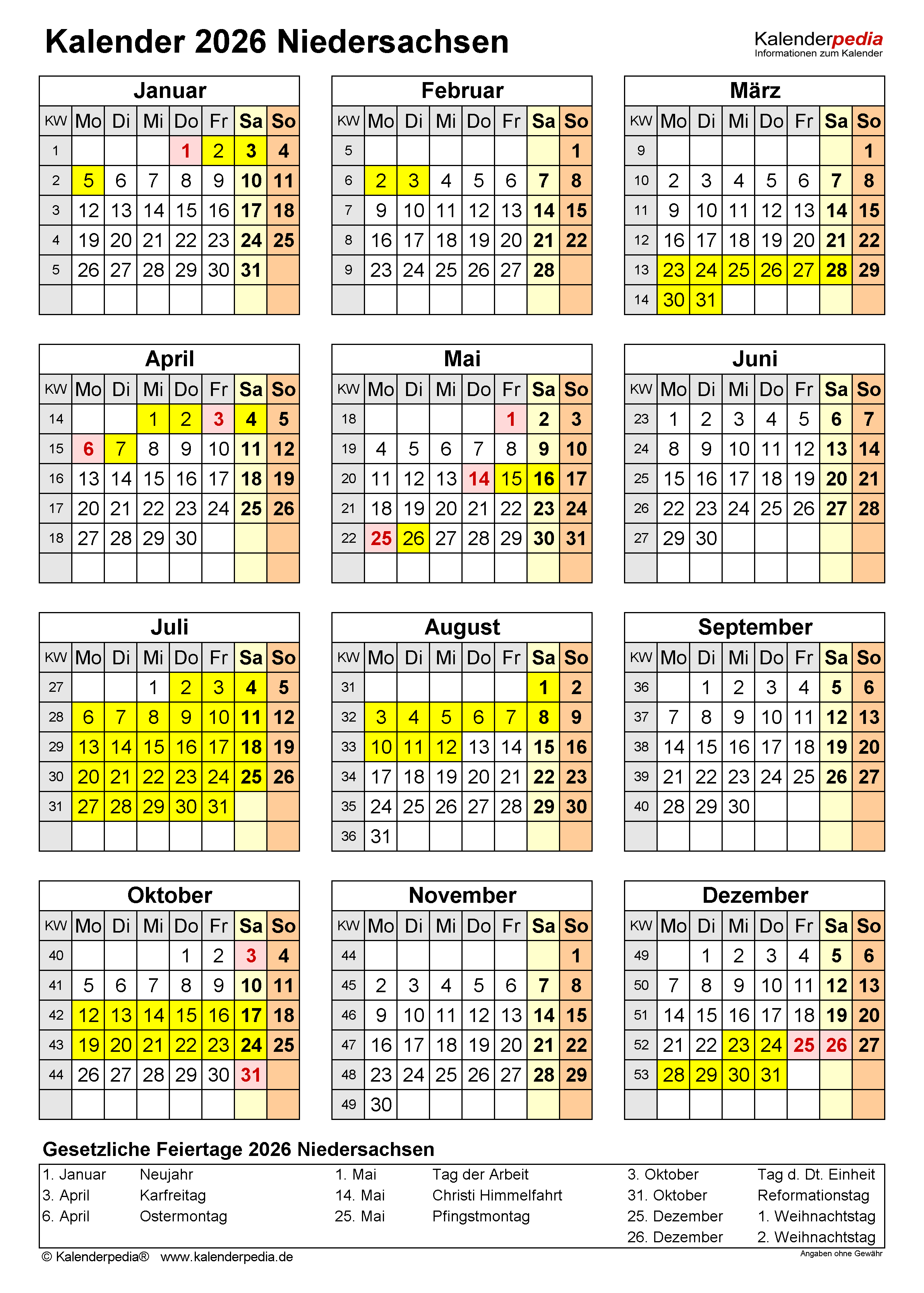  Kalender 2026 Niedersachsen: Ferien, Feiertage, PDF-Vorlagen Motiv 