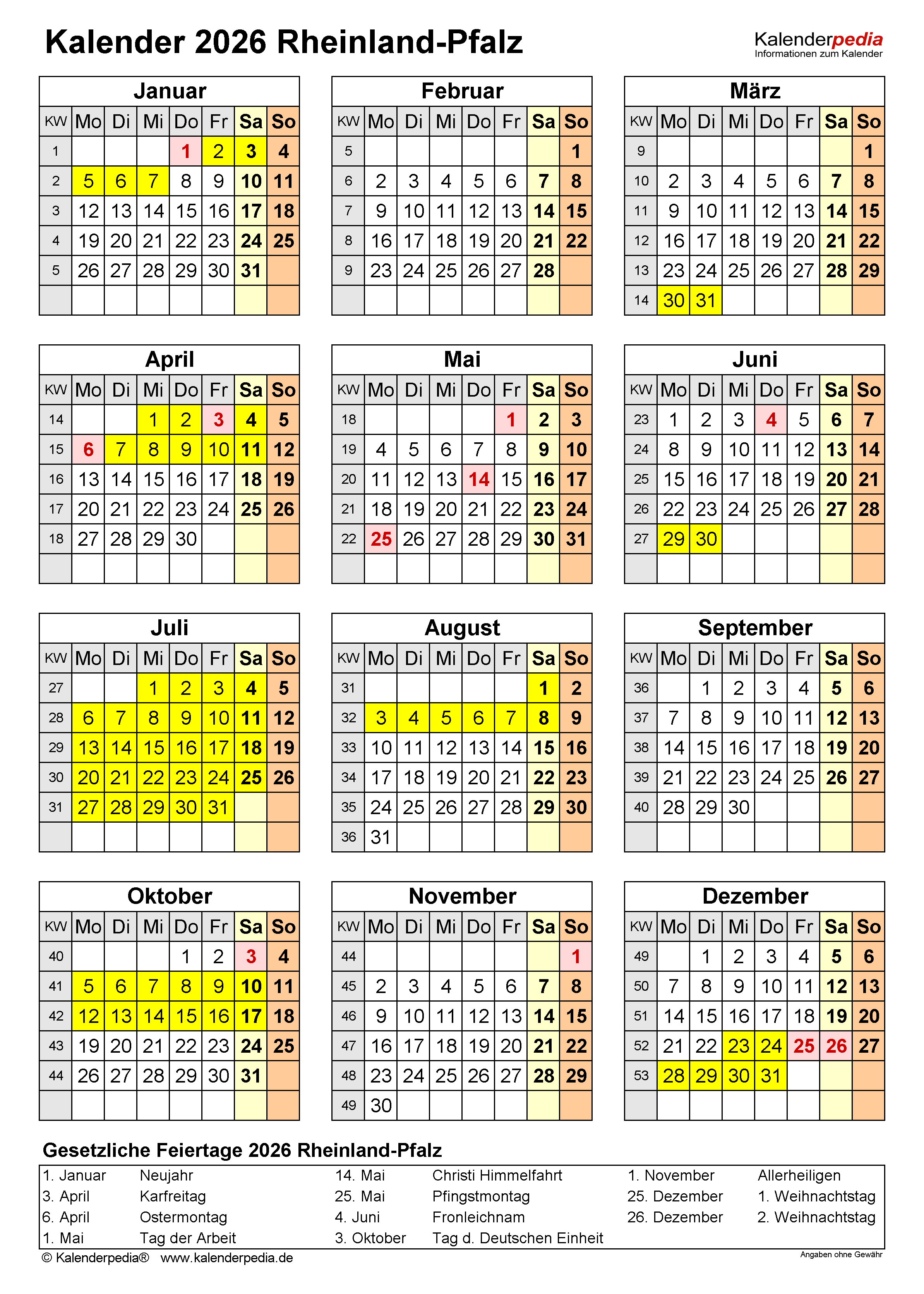  Foto zu Kalender 2026 Rheinland-Pfalz: Ferien, Feiertage, Word-Vorlagen 