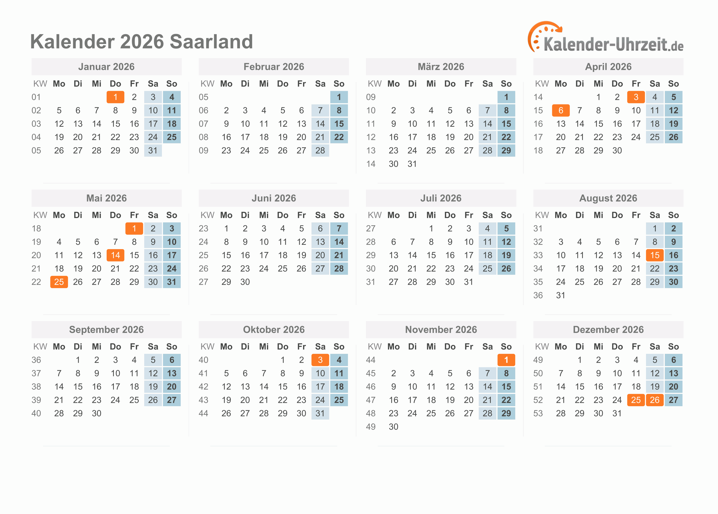  Feiertage 2026 Saarland + Kalender Illustration 