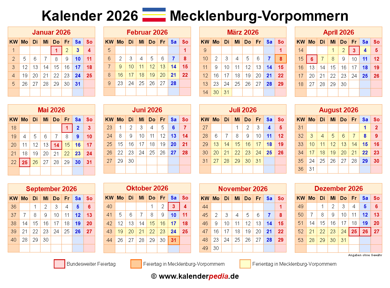  Kalender 2026 Mecklenburg-Vorpommern: PDF-Vorlagen mit Ferien Motiv 