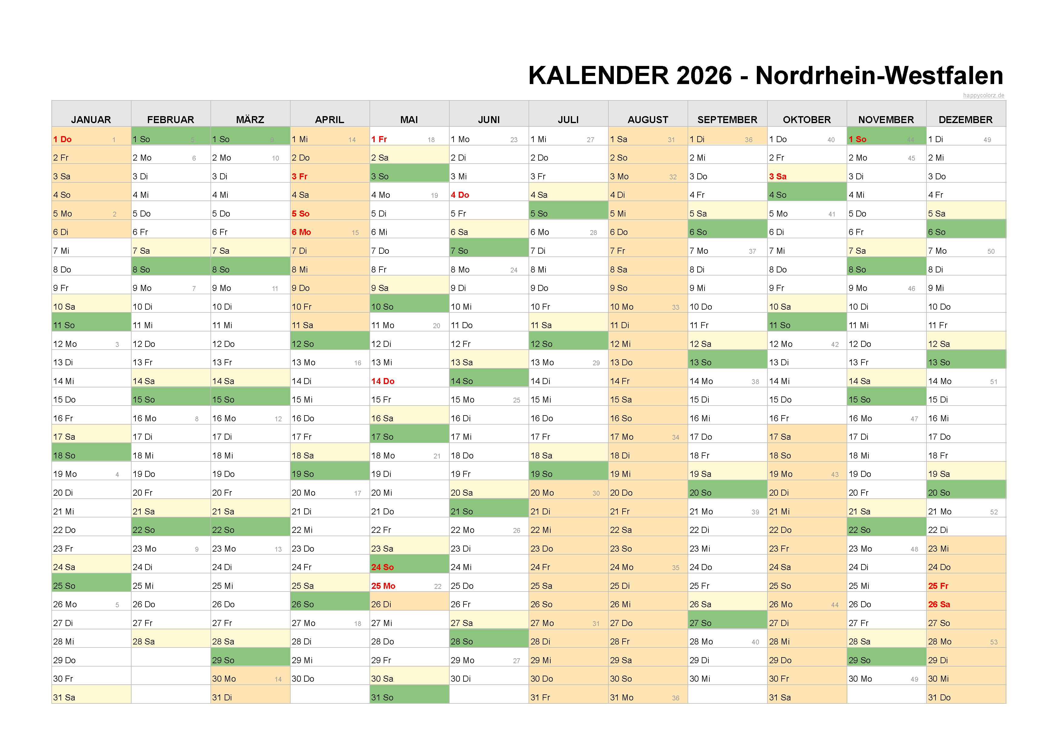  Kalender 2026 NRW kostenlos: Ferien-Übersicht, Feiertage, PDF-Vorlagen Illustration 