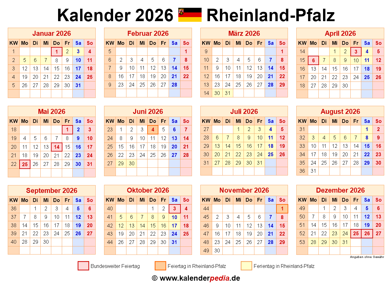  Kalender 2026 Rheinland-Pfalz: Ferien, Feiertage, PDF-Vorlagen Illustration 