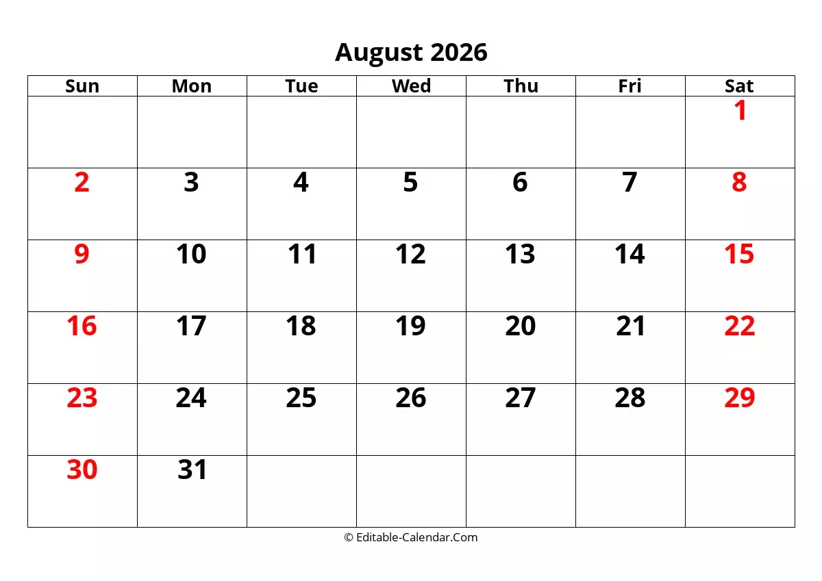 August 2026 Kalender august 2026 Lunar Calendar