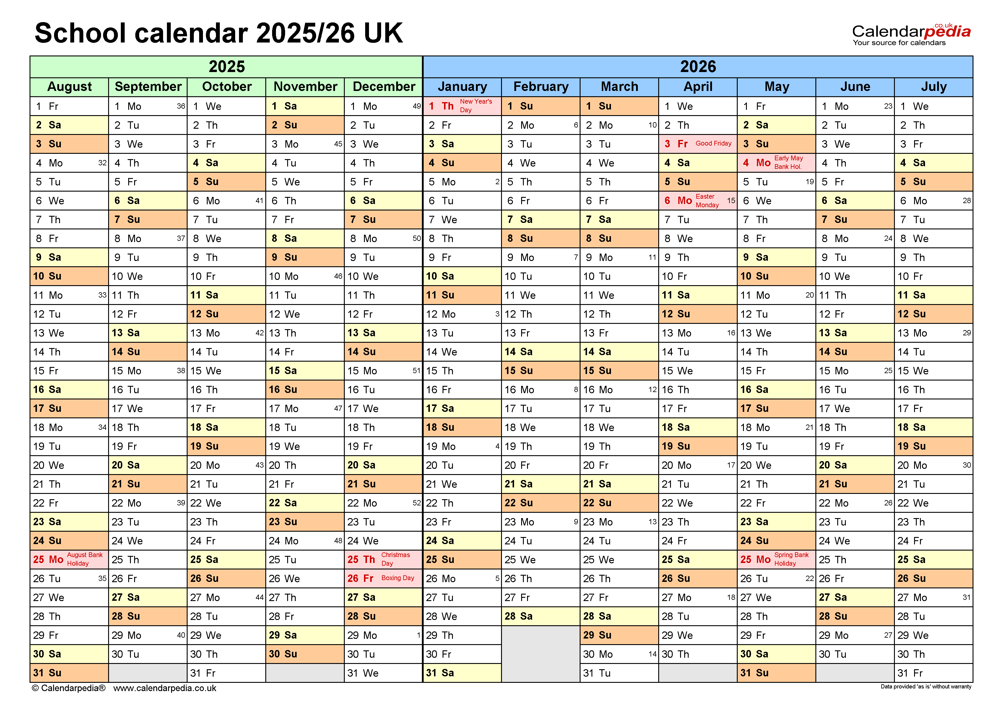  School calendars 2025/26 UK - free printable PDF templates Illustration 