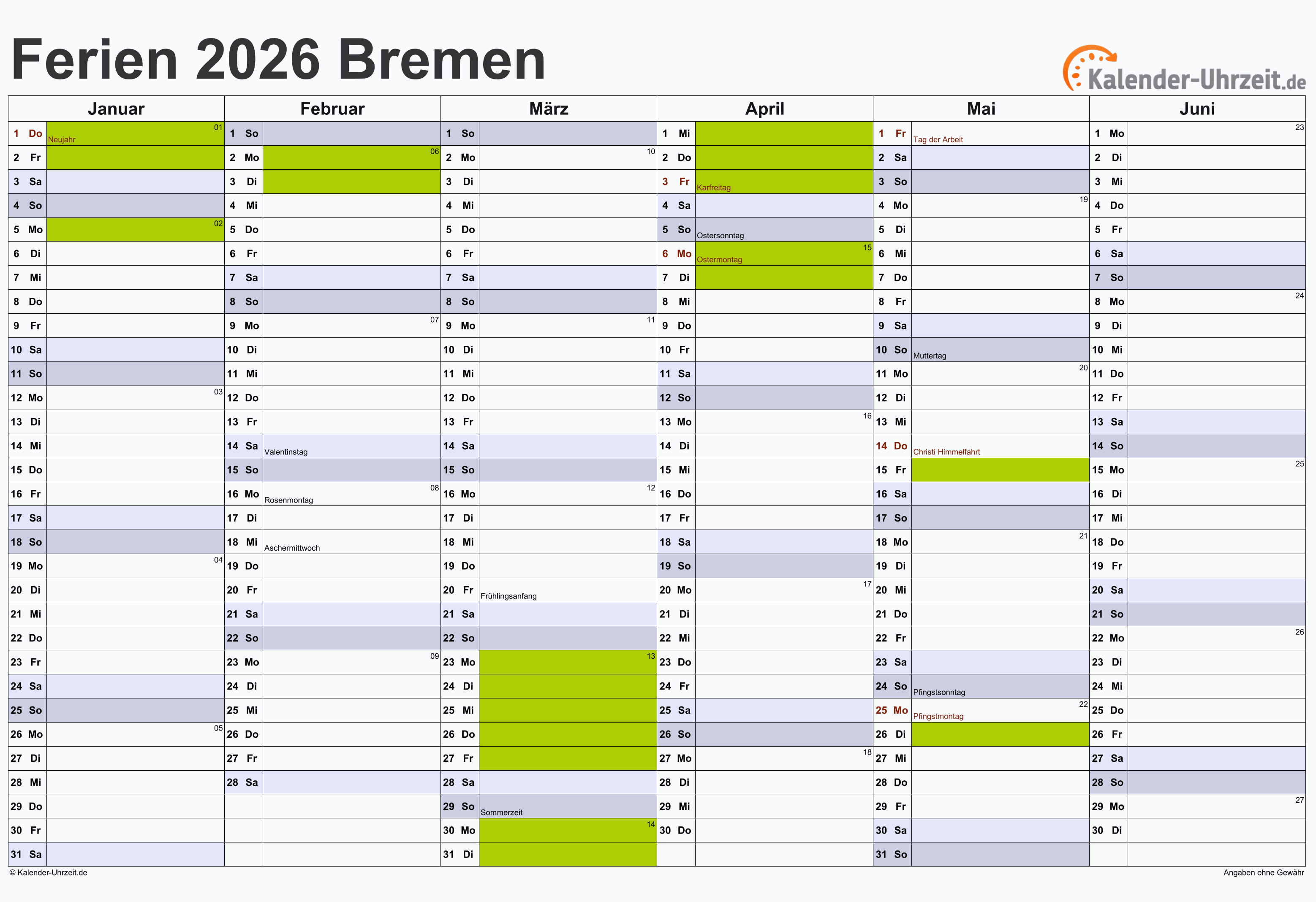  Ferien Bremen 2026 - Ferienkalender zum Ausdrucken Bildidee 