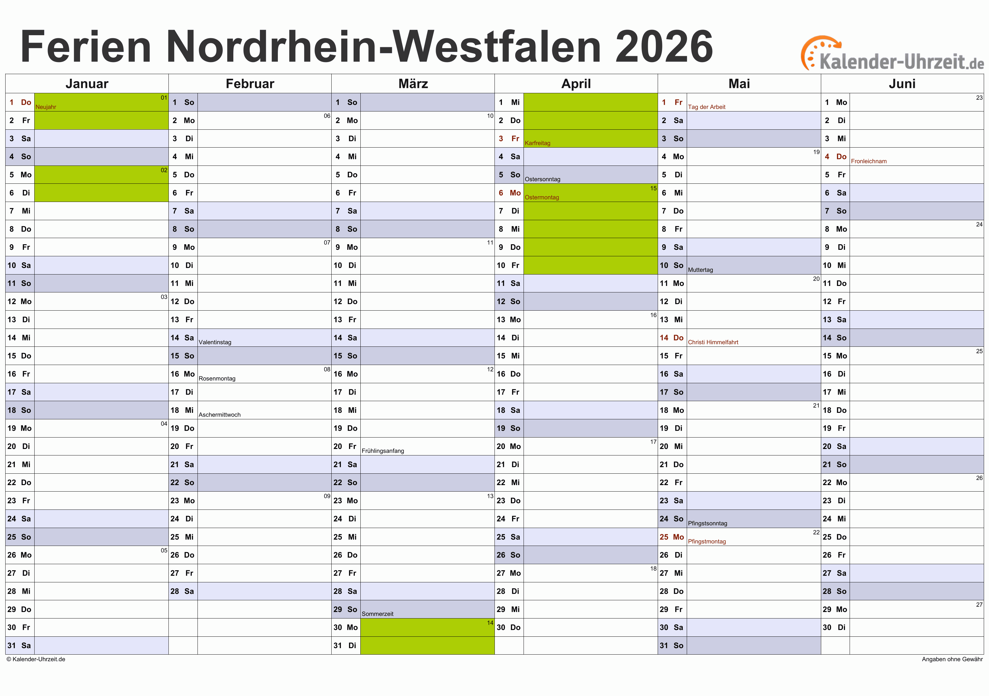  Ferien Nordrhein-Westfalen 2026 - Ferienkalender zum Ausdrucken 
