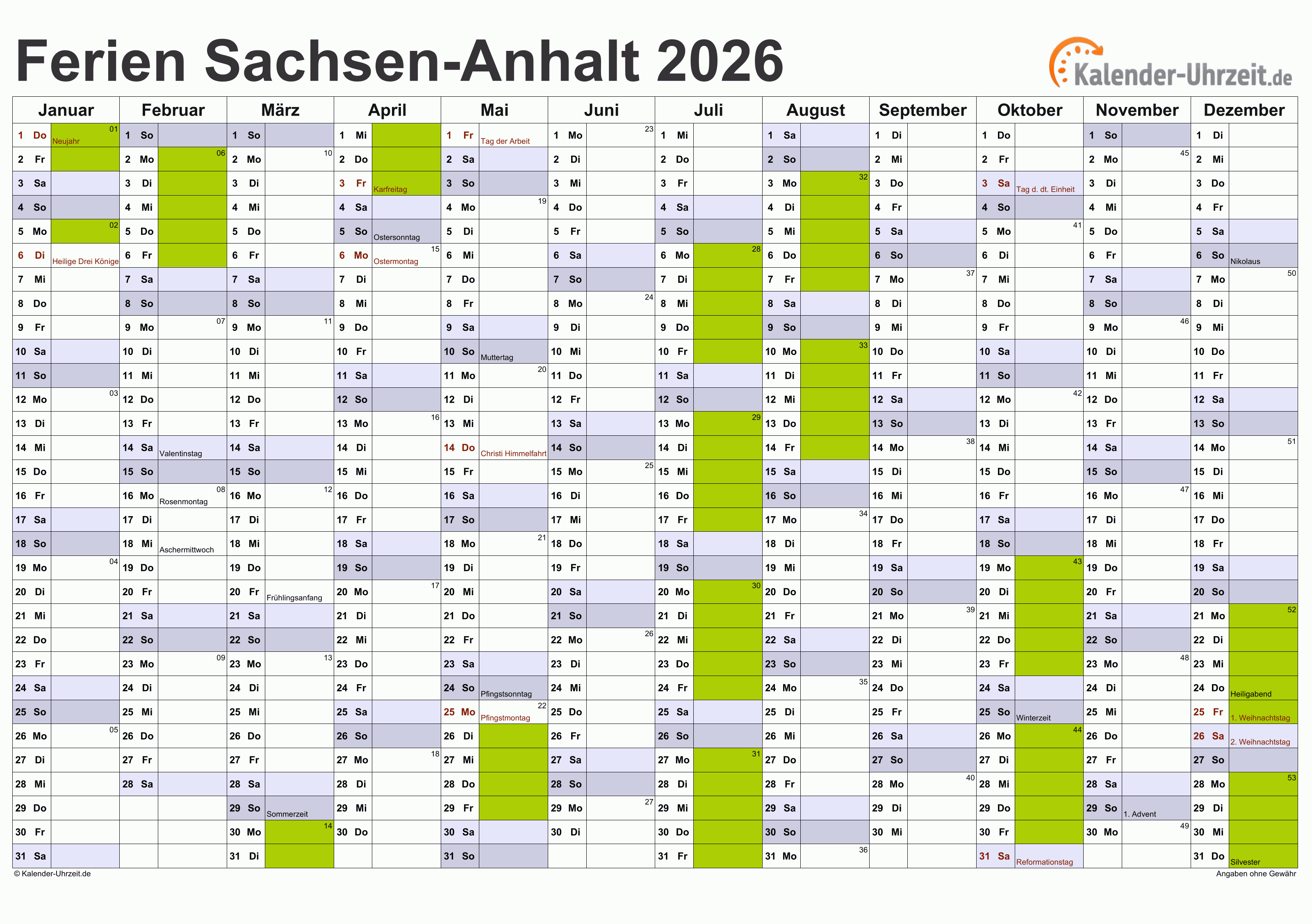  Ferien Sachsen-Anhalt 2026 - Ferienkalender zum Ausdrucken Bildidee 