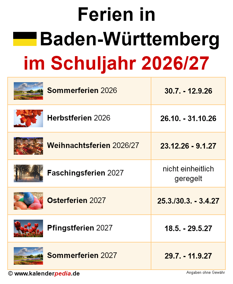  Ferien in Baden-Württemberg im Schuljahr 2026/27 