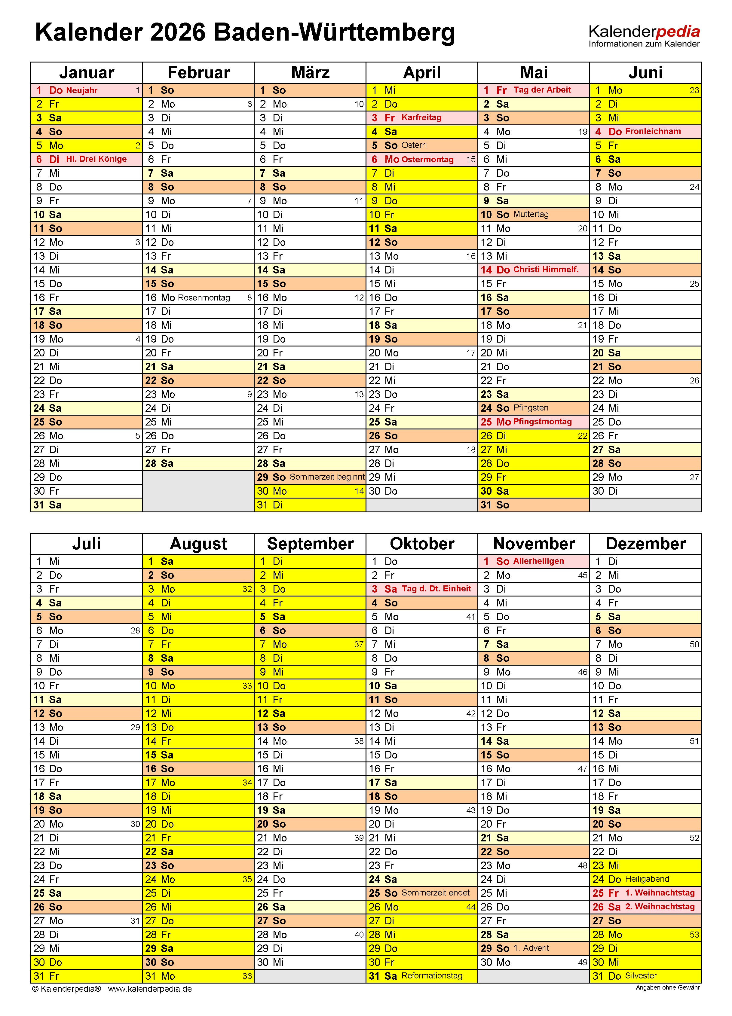  Kalender 2026 Baden-Württemberg: Word-Vorlagen mit Ferien Illustration 