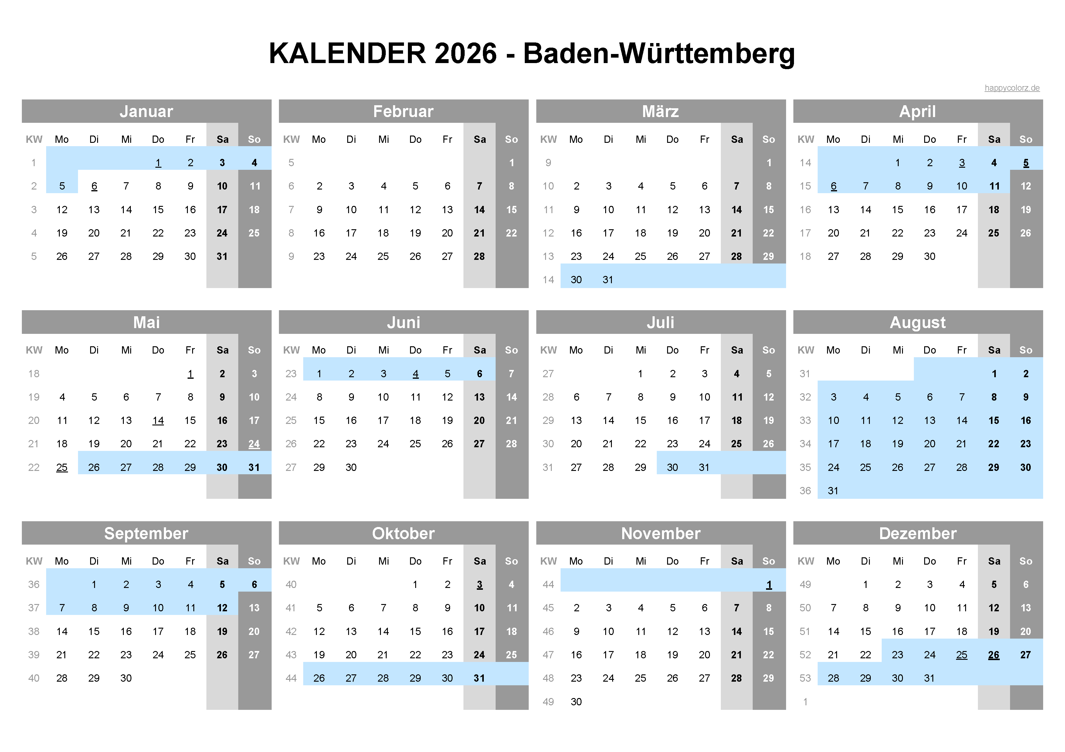  Kalender 2026 Baden-Württemberg kostenlos: Ferien-Übersicht, Feiertage 