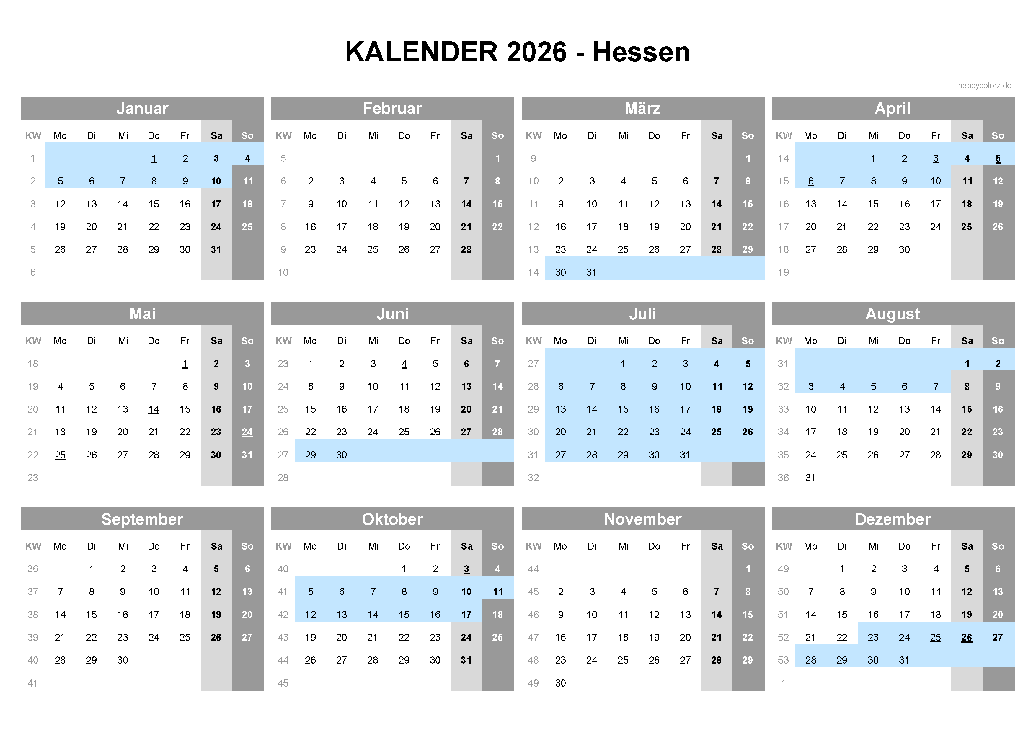  Kalender 2026 Hessen kostenlos: Ferien-Übersicht, Feiertage, PDF 