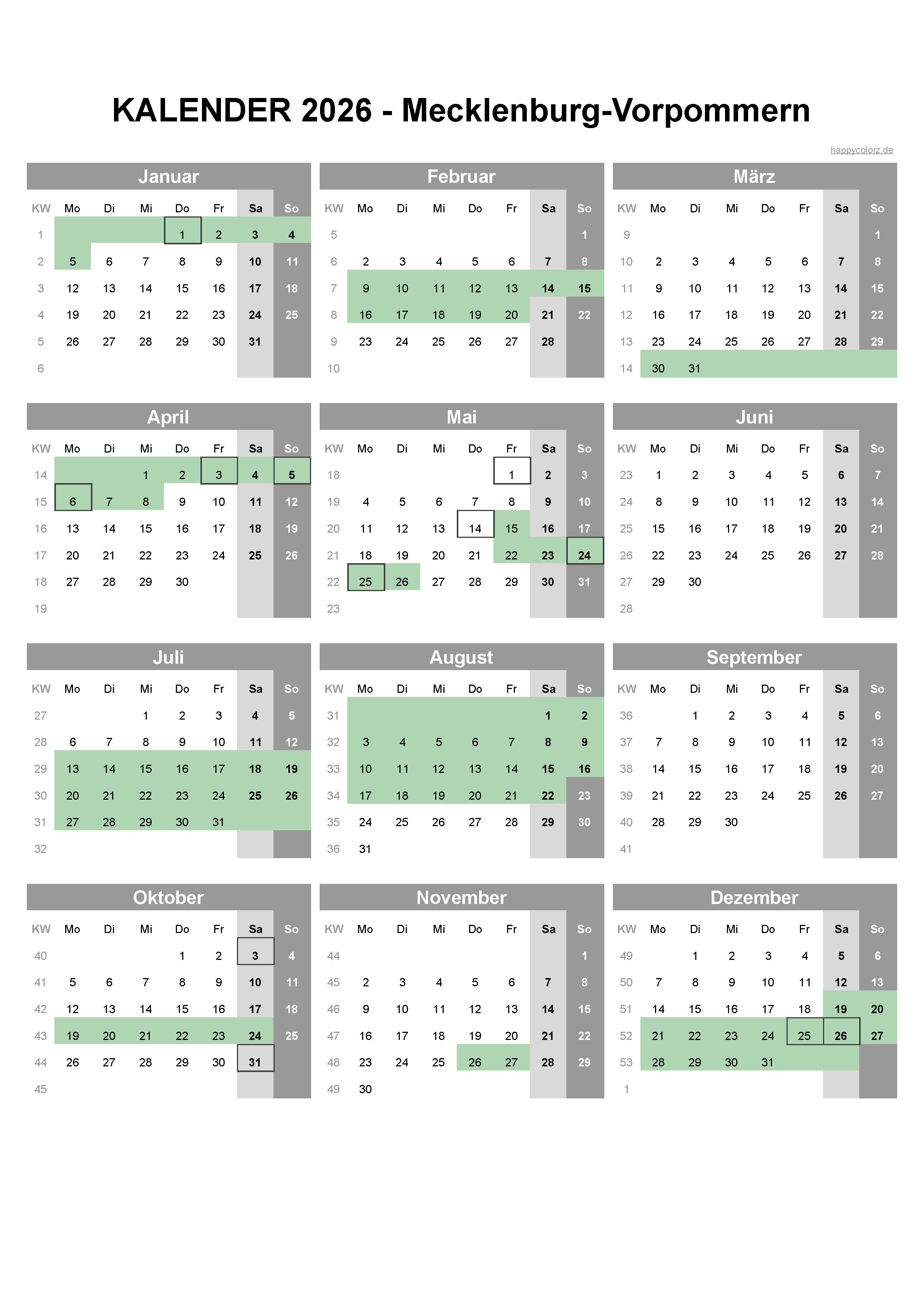 Kalender 2026 Mecklenburg-Vorpommern kostenlos: Ferien-Übersicht Illustration 