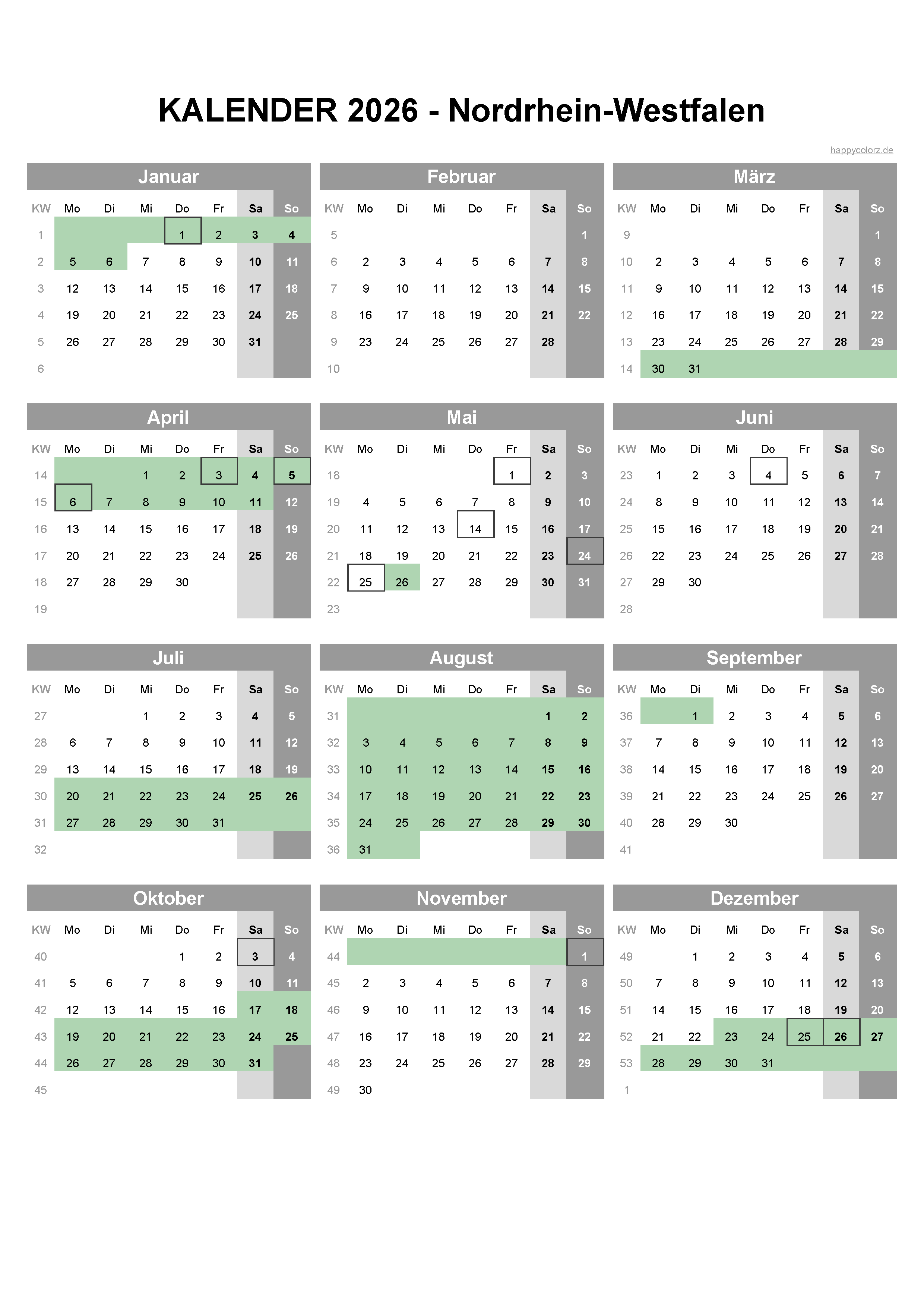  Kalender 2026 NRW kostenlos: Ferien-Übersicht, Feiertage, PDF-Vorlagen 
