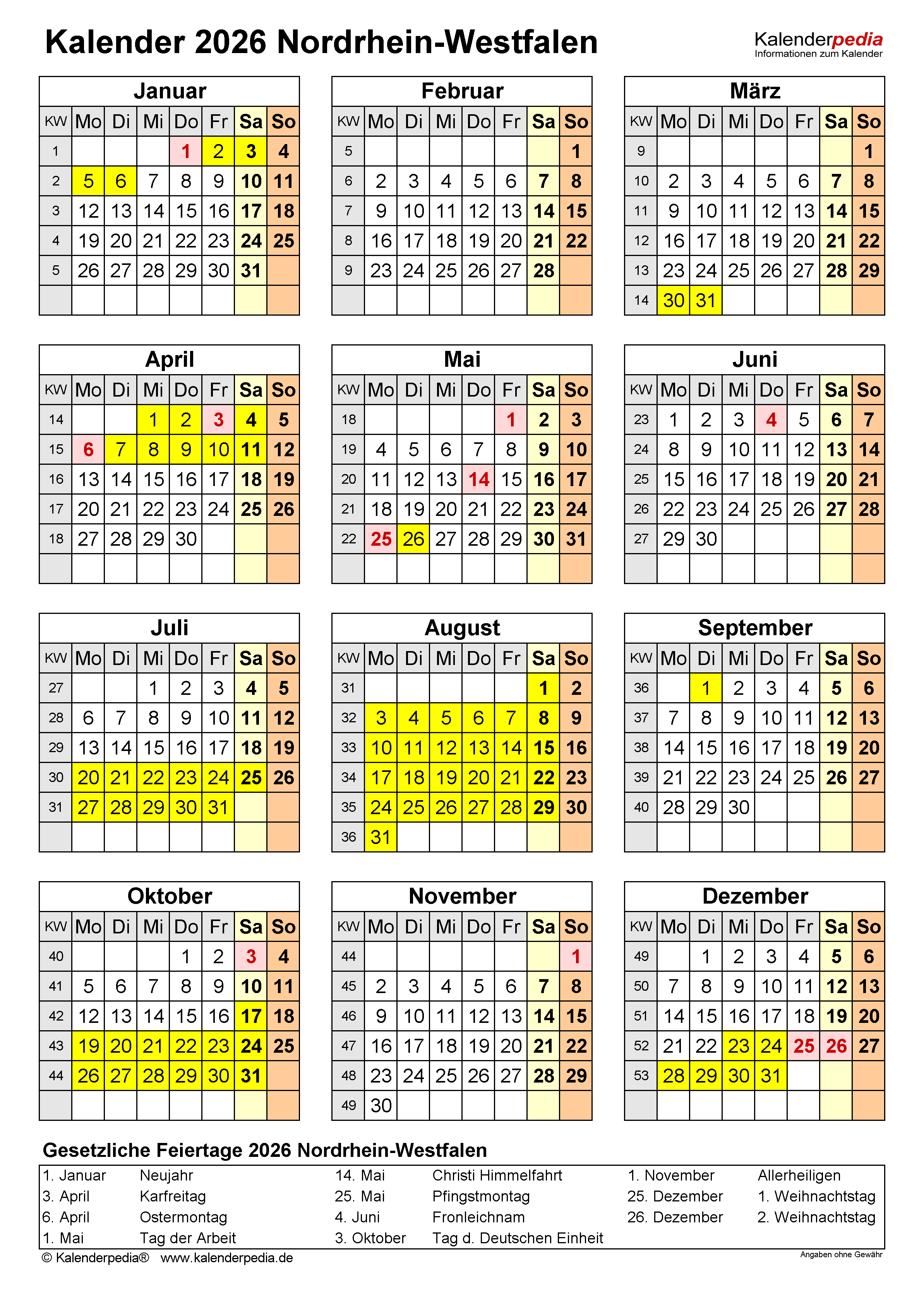  Kalender 2026 NRW: Ferien, Feiertage, PDF-Vorlagen 