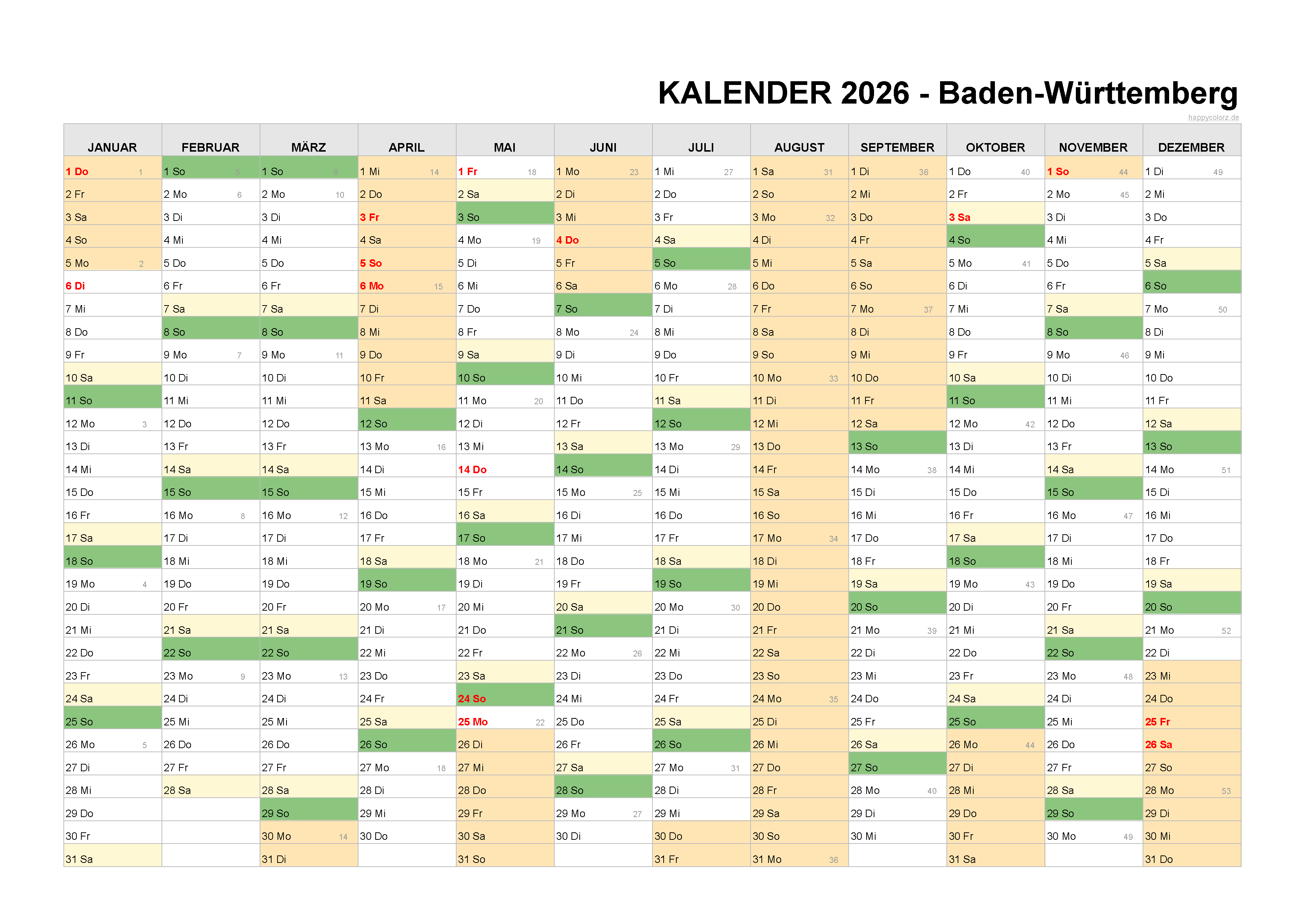  Kalender 2026 Baden-Württemberg kostenlos: Ferien-Übersicht, Feiertage Bildidee 