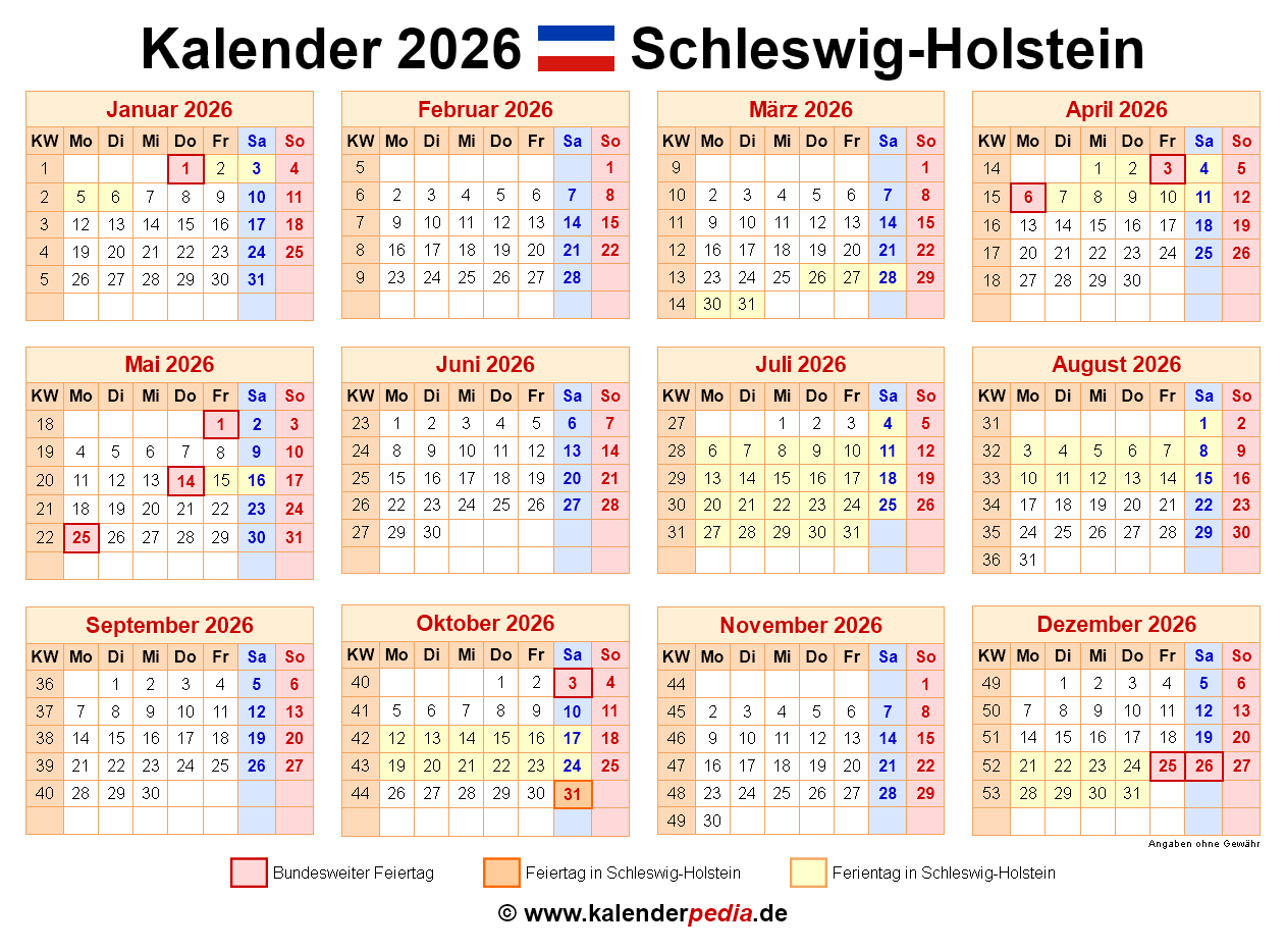  Kalender 2026 Schleswig-Holstein: PDF-Vorlagen mit Ferien 
