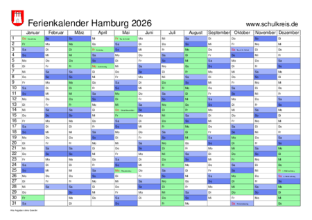  Schulferien-Kalender Hamburg 2026 mit Feiertagen und Ferien Illustration 