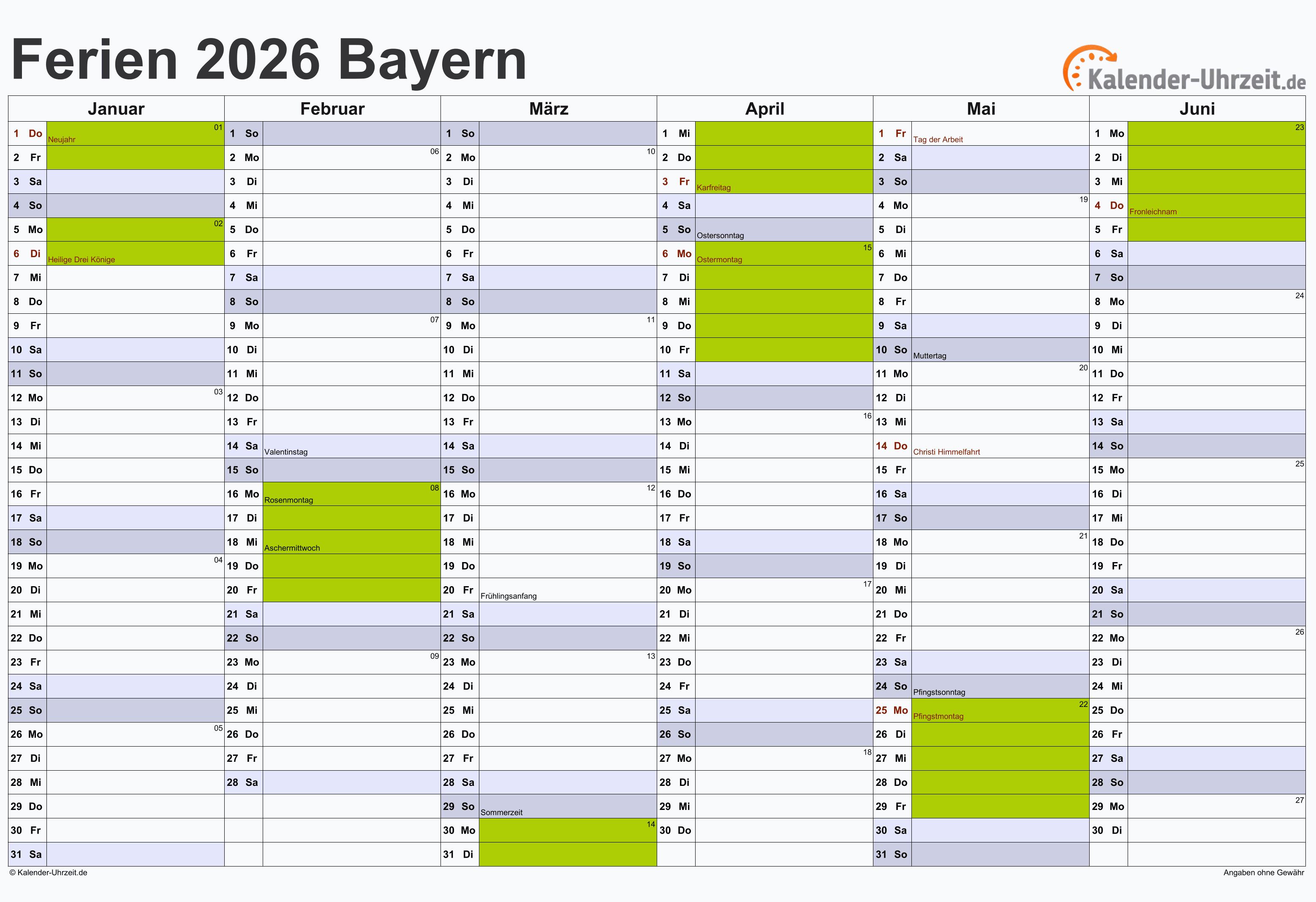 Ferien Bayern 2026 - Ferienkalender zum Ausdrucken Motiv 