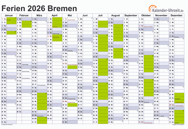  Ferien Bremen 2026 - Ferienkalender zum Ausdrucken 