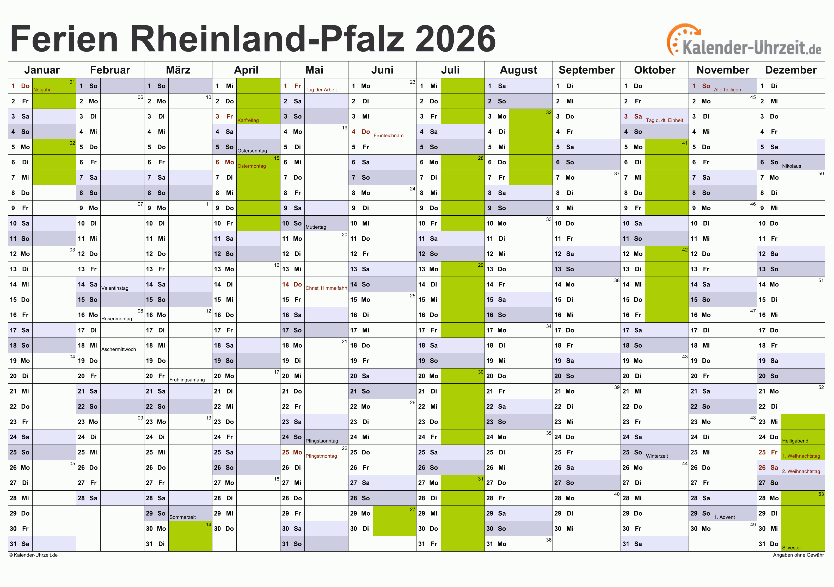  Ferien Rheinland-Pfalz 2026 - Ferienkalender zum Ausdrucken Motiv 
