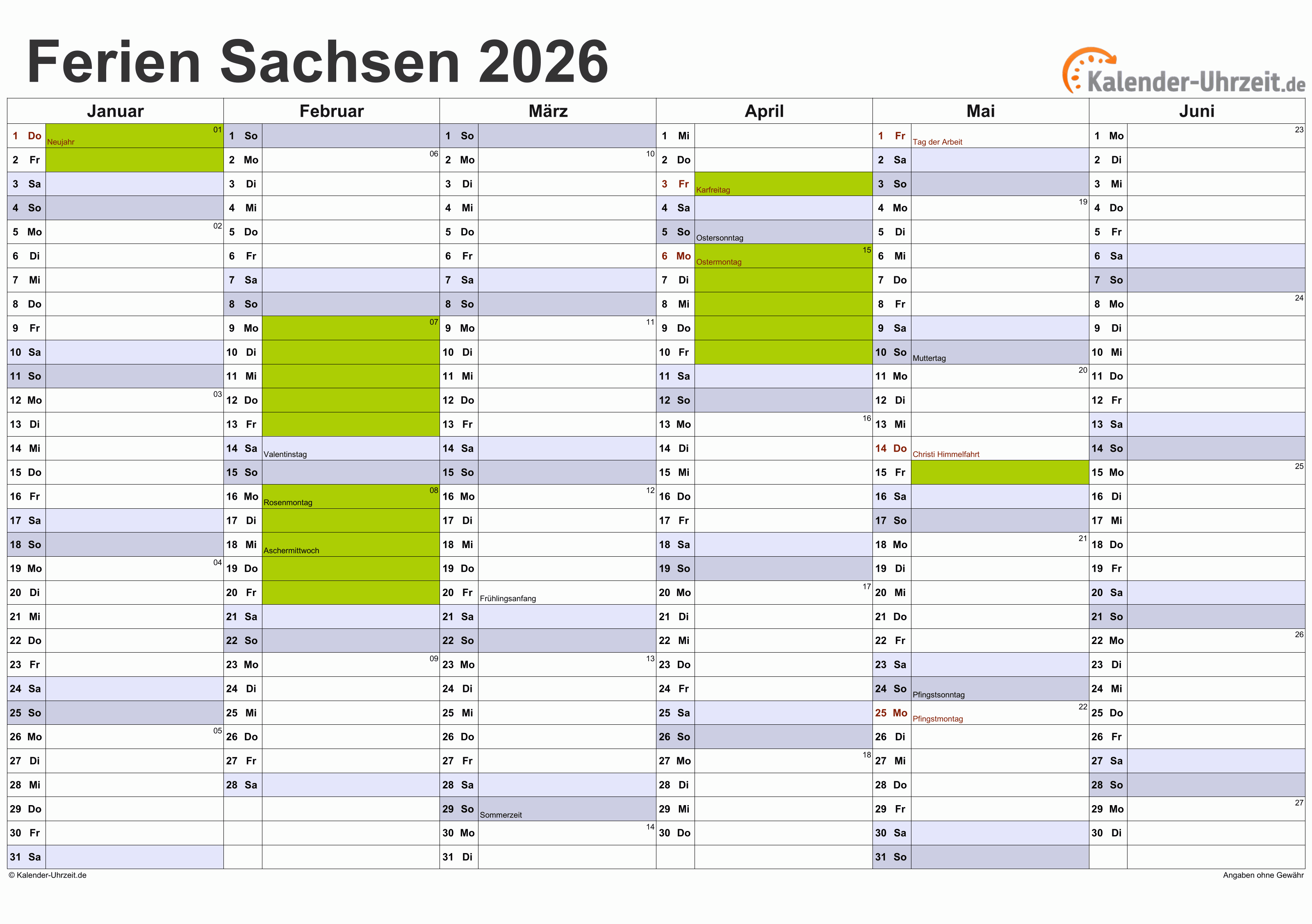  Ferien Sachsen 2026 - Ferienkalender zum Ausdrucken Bildidee 