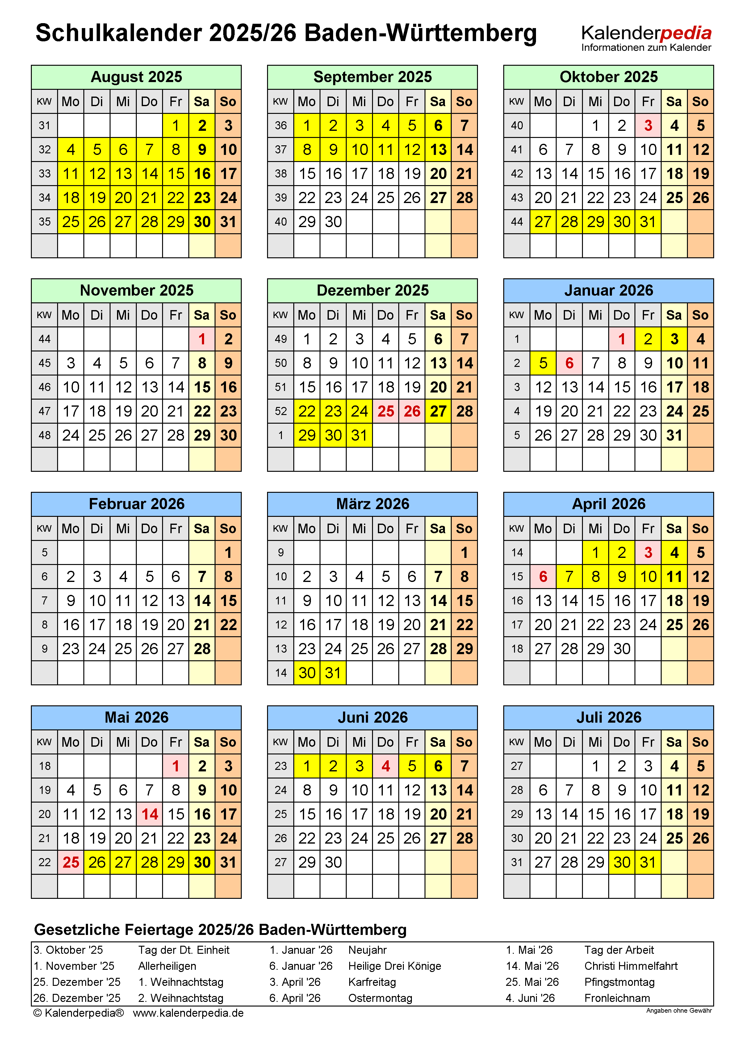  Schulkalender 2025/2026 Baden-Württemberg für Word Bildidee 