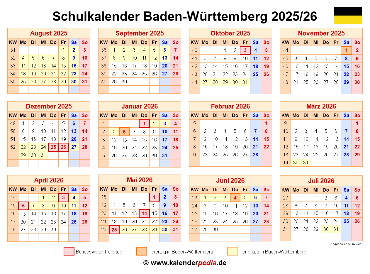  Foto zu Schulkalender 2025/2026 Baden-Württemberg für Word 