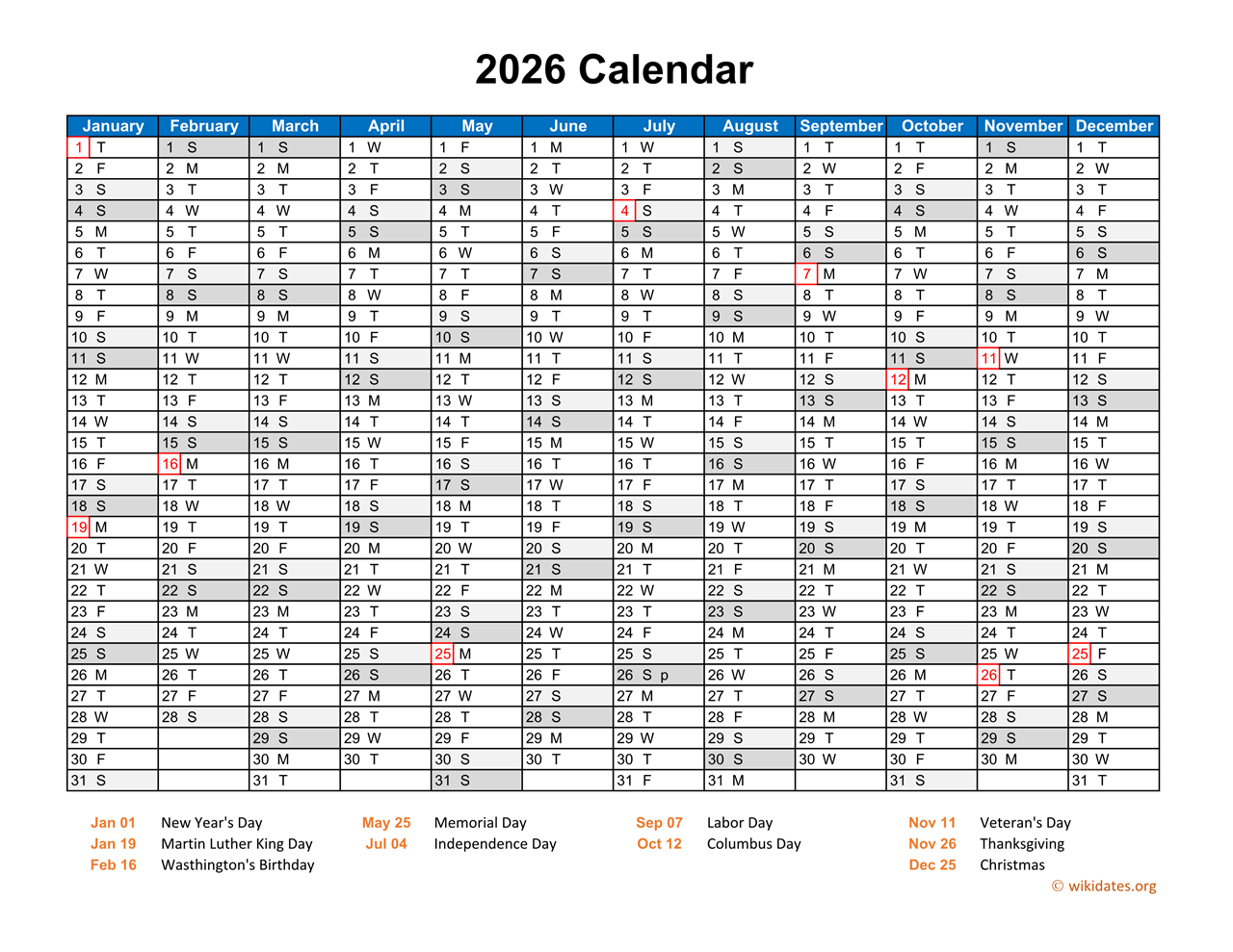  2026 Calendar Horizontal, One Page 