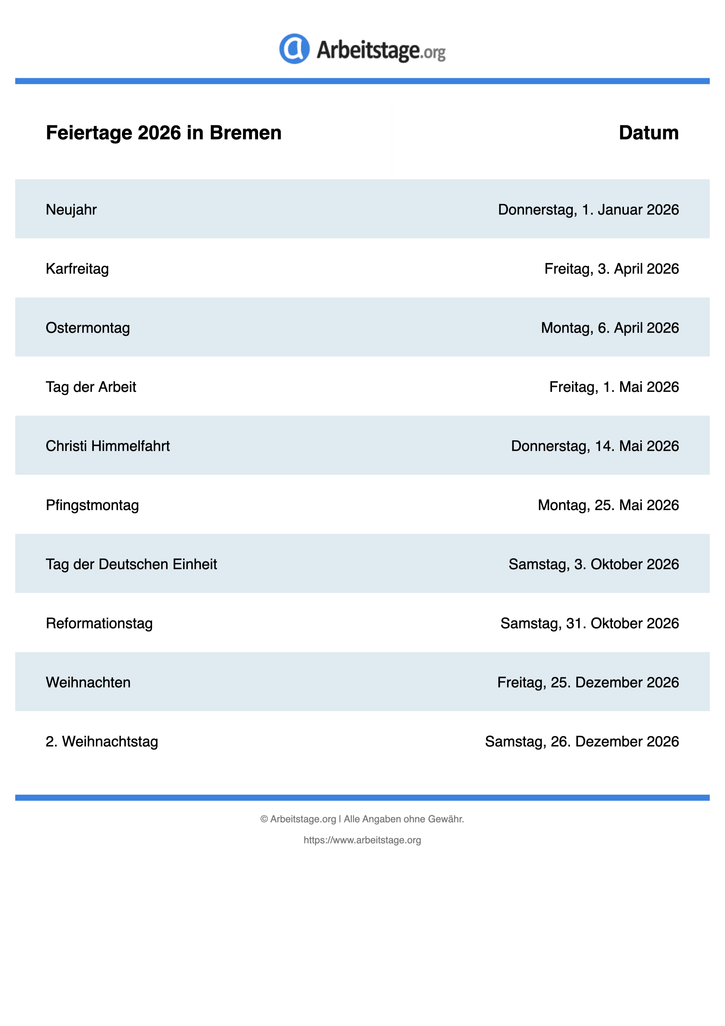  Feiertage 2026 in Bremen • Termine & Infos 