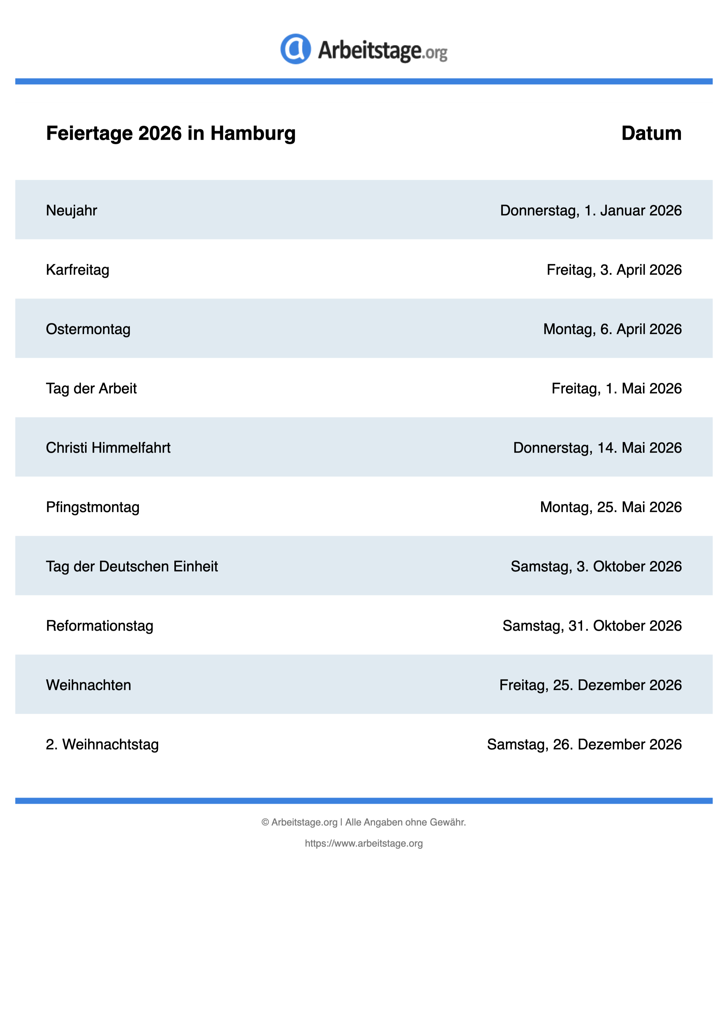  Feiertage 2026 in Hamburg • Termine & Infos Bildidee 