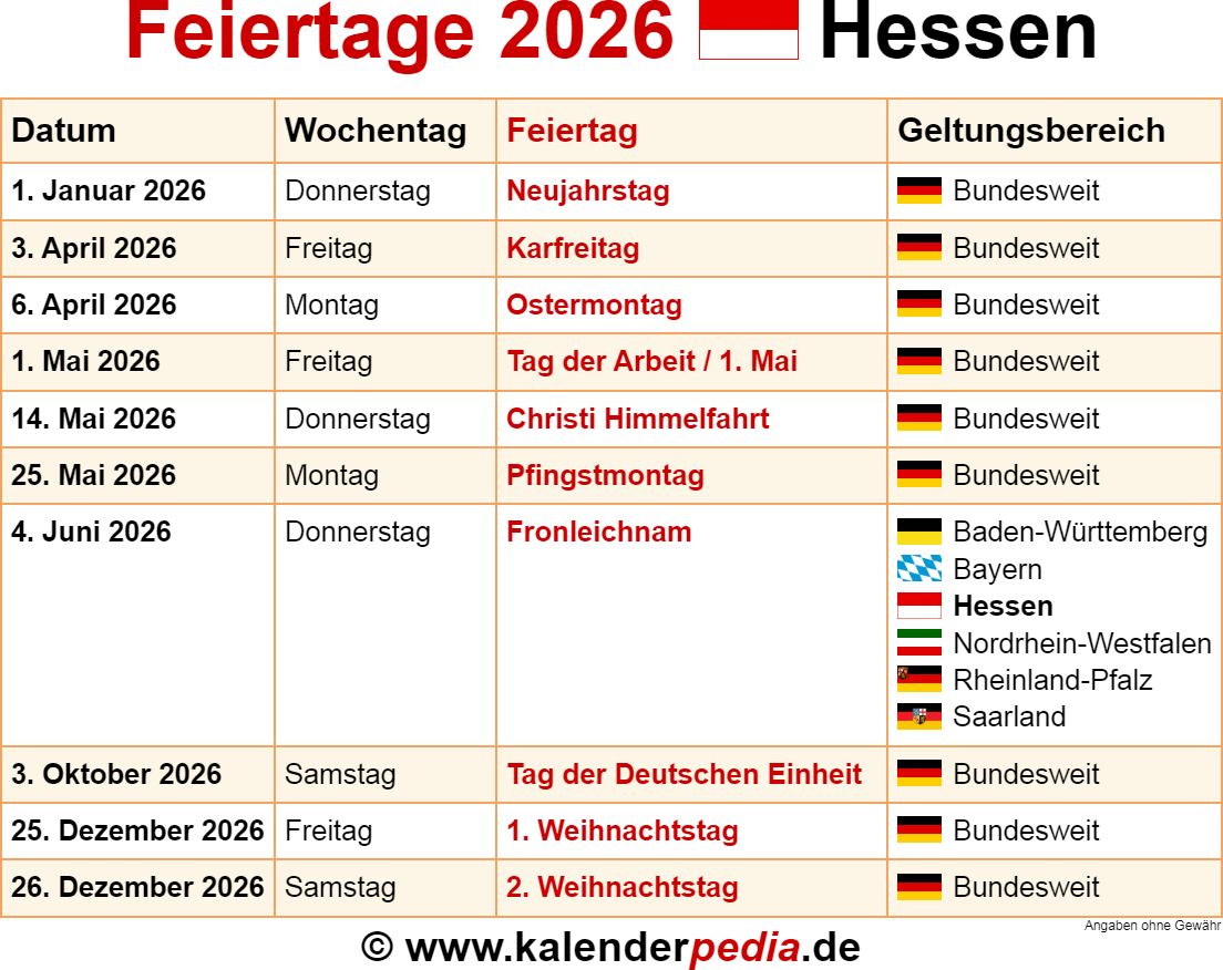  Feiertage Hessen 2026 - Kalenderpedia Motiv 