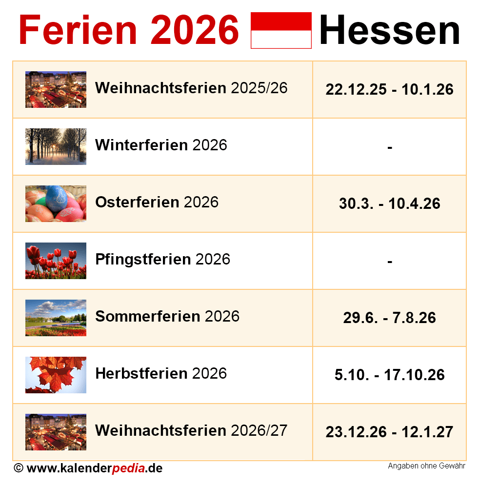  Ferien Hessen 2026 - Übersicht der Ferientermine 