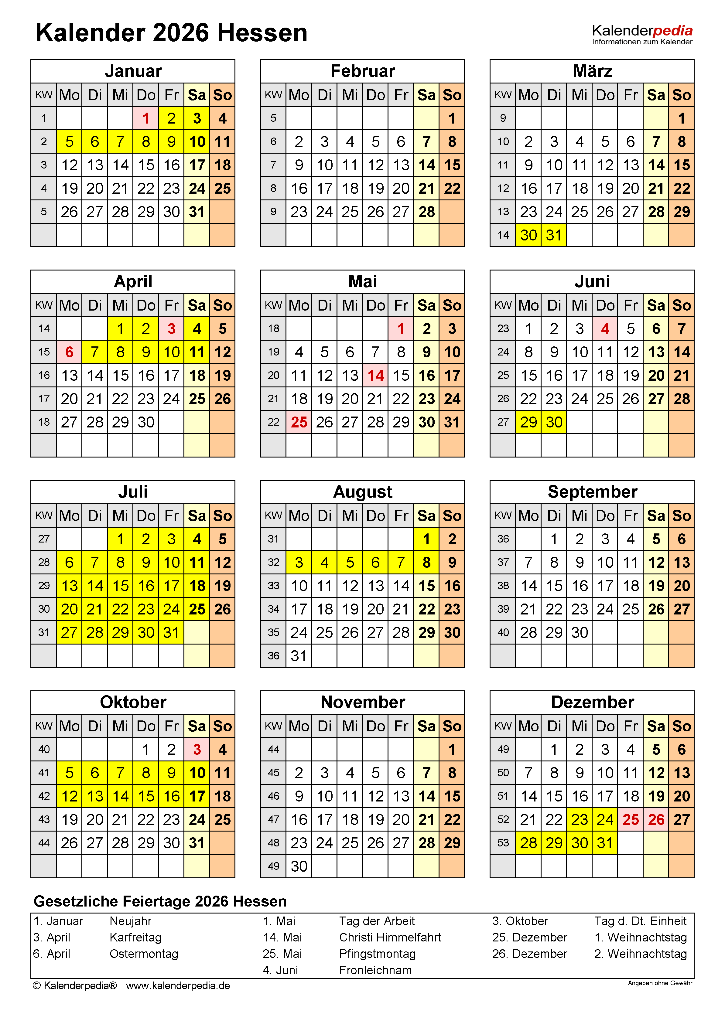  Foto zu Kalender 2026 Hessen: Ferien, Feiertage, Excel-Vorlagen 