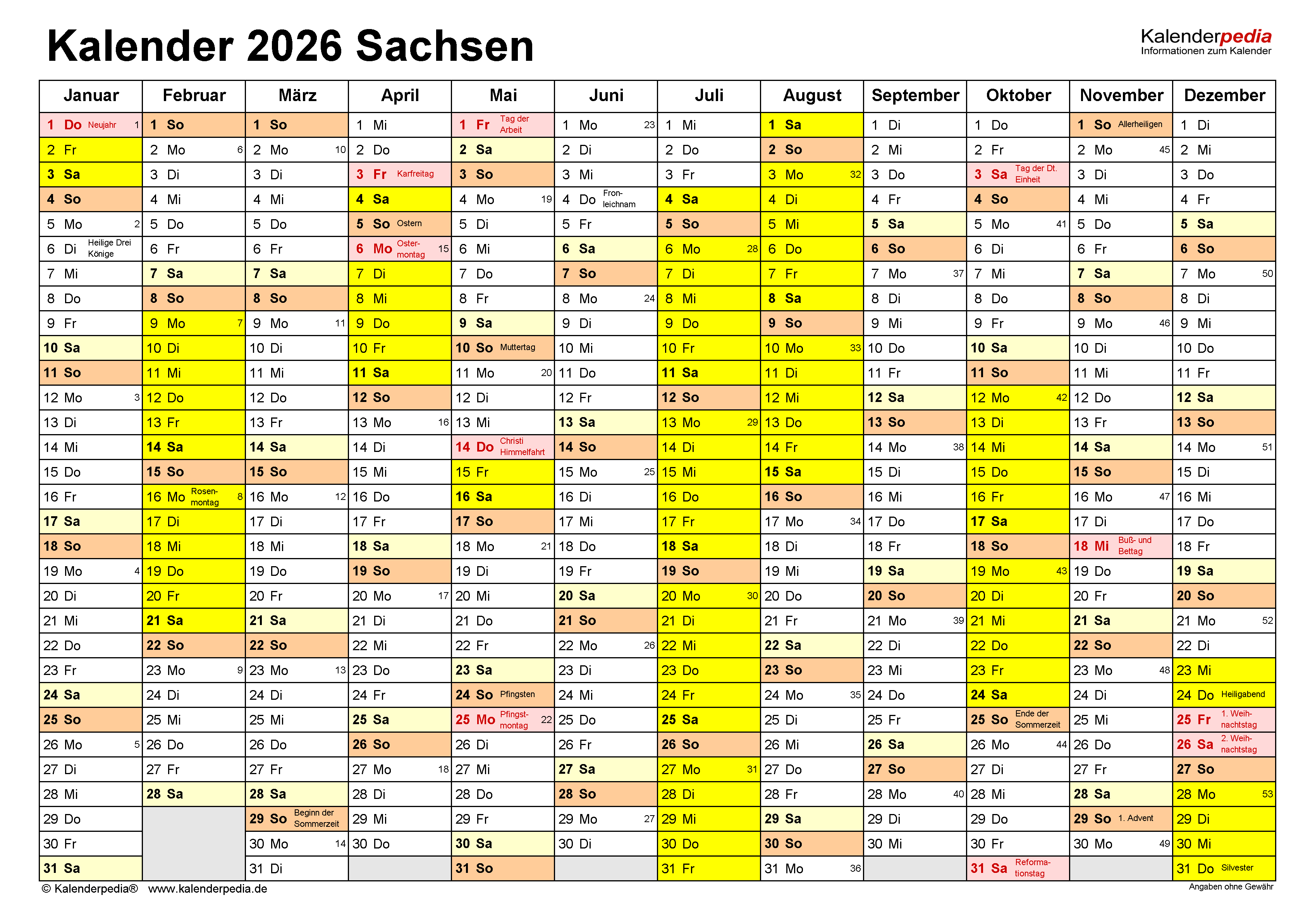  Kalender 2026 Sachsen: Ferien, Feiertage, Excel-Vorlagen Motiv 