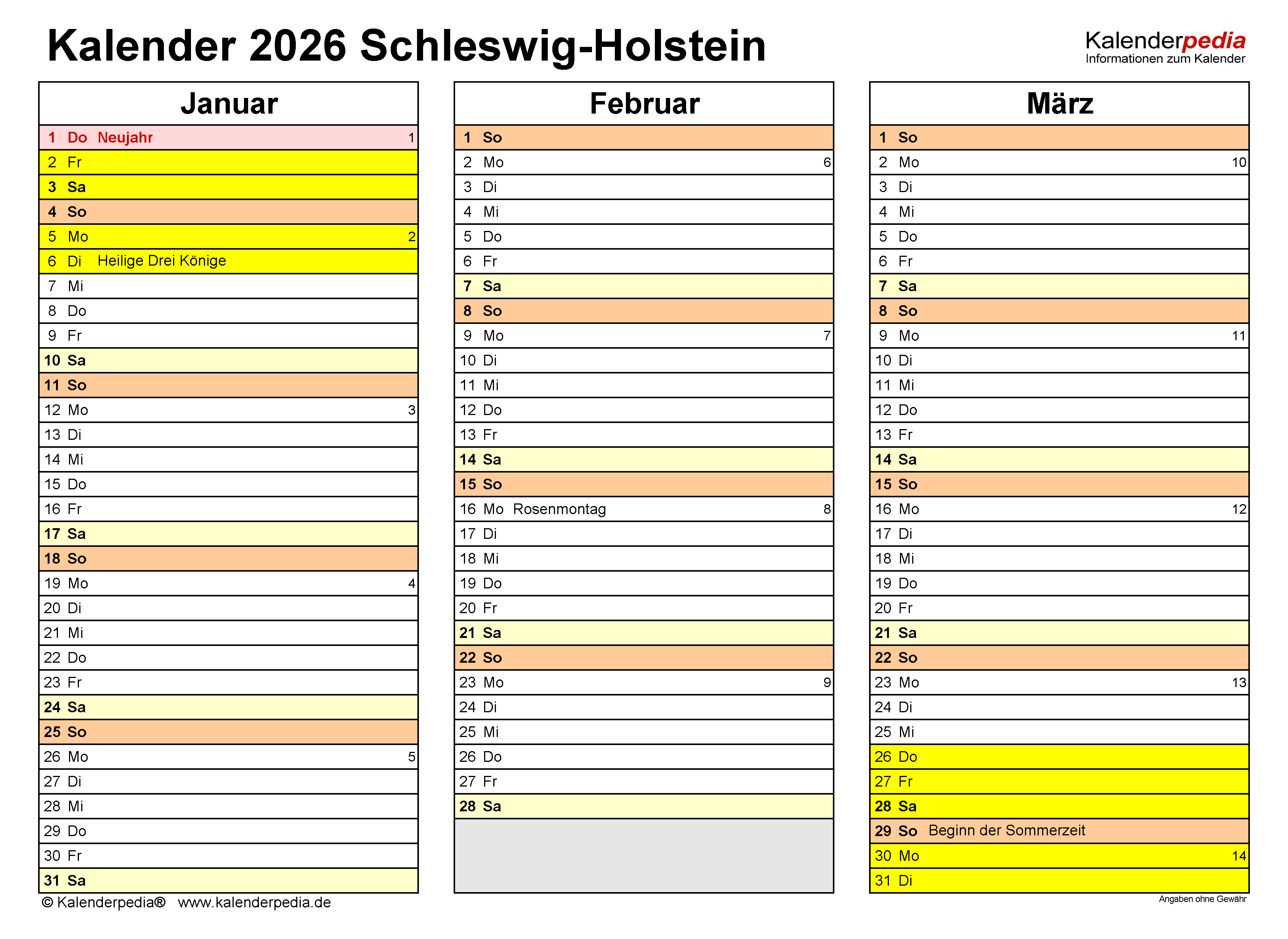  Kalender 2026 Schleswig-Holstein: PDF-Vorlagen mit Ferien 
