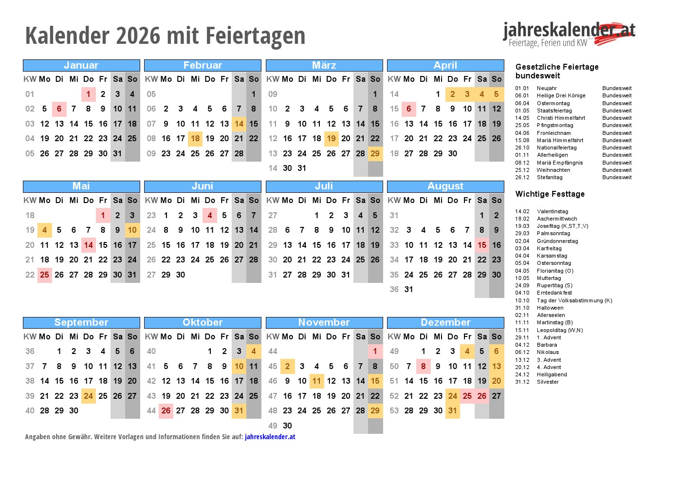  Foto zu Kalender 2026 Österreich mit Feiertagen 