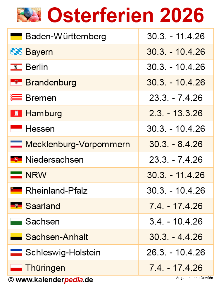  Osterferien 2026 in Deutschland (alle Bundesländer) Illustration 