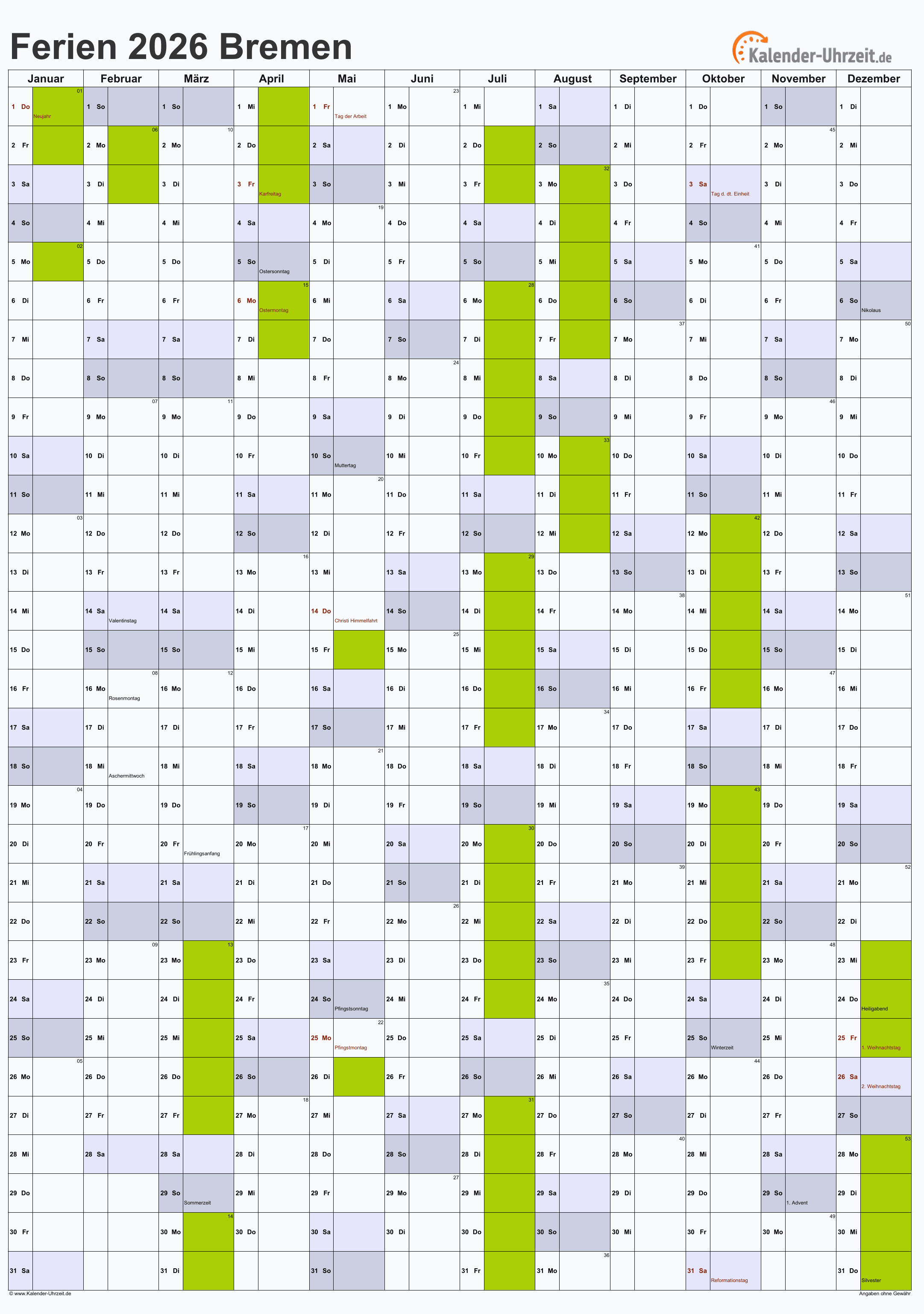 Ferien Bremen 2026 - Ferienkalender zum Ausdrucken Illustration 