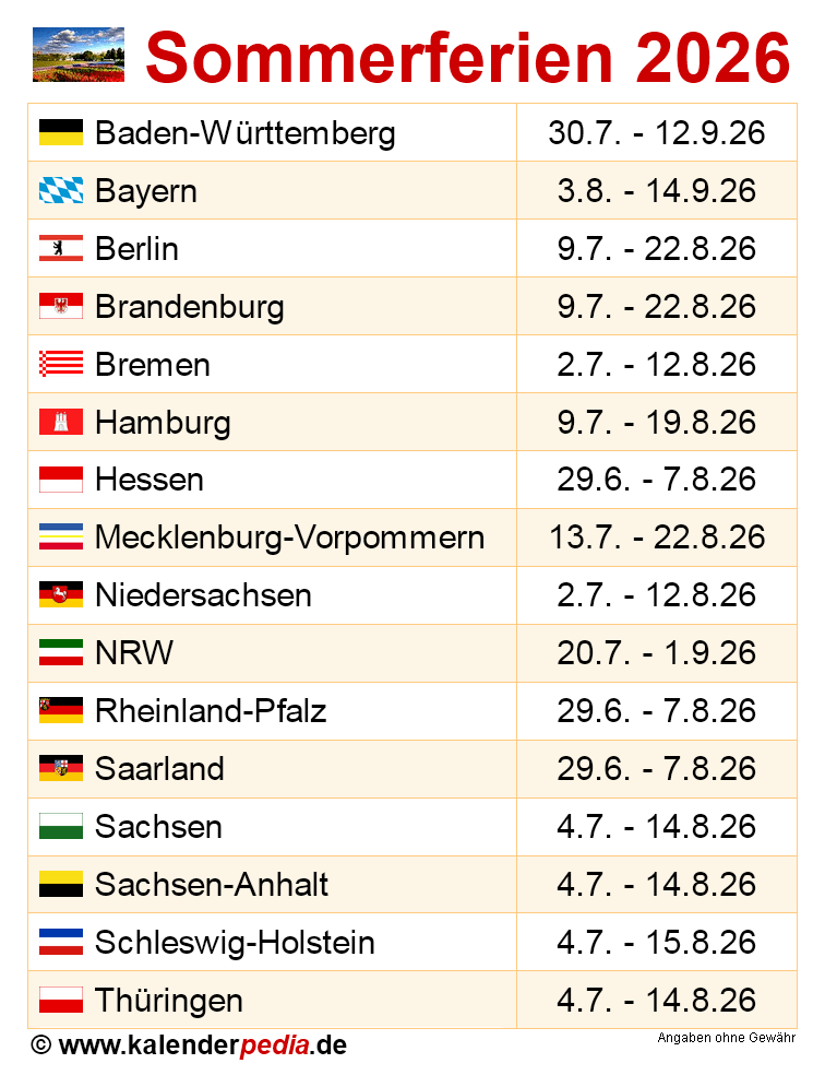  Sommerferien 2026 in Deutschland (alle Bundesländer) Motiv 