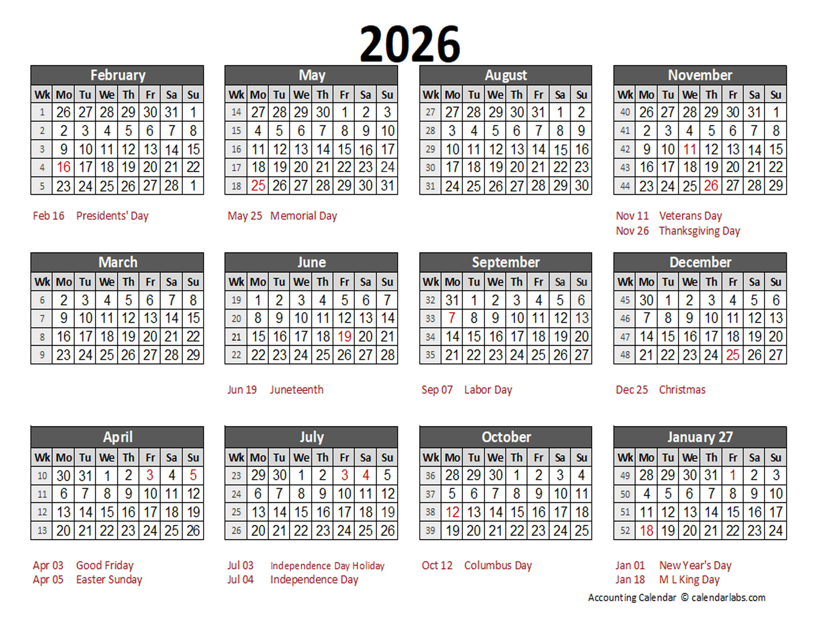  Foto zu 2026 Accounting Calendar 5-4-4 - Free Printable Templates 