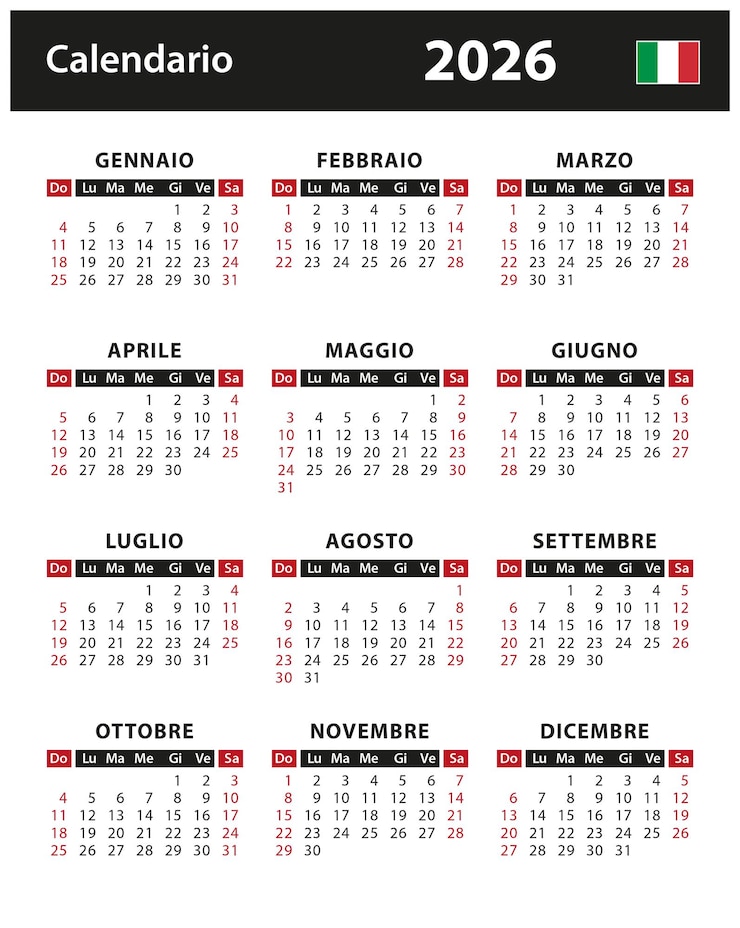  2026 Calendar vector stock illustration Italy Italian 