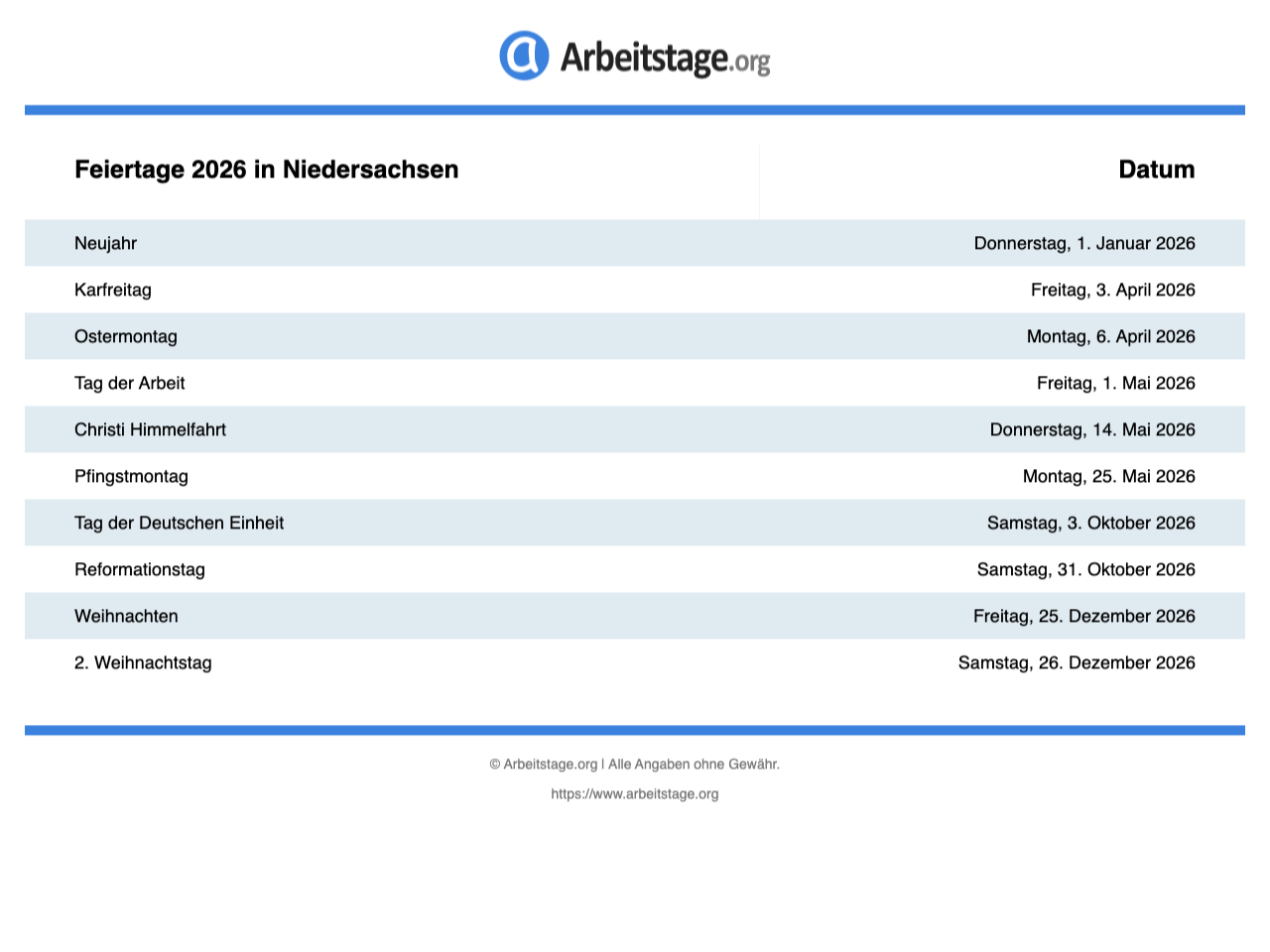  Feiertage 2026 in Niedersachsen • Termine & Infos Motiv 