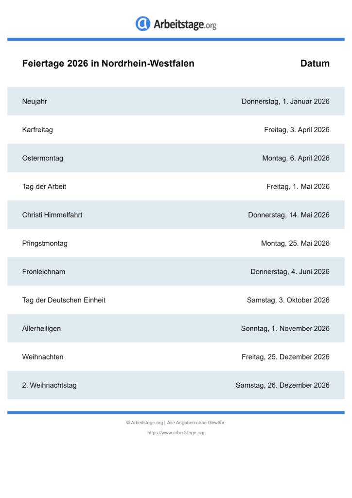  Foto zu Feiertage 2026 in Nordrhein-Westfalen • Termine & Infos 