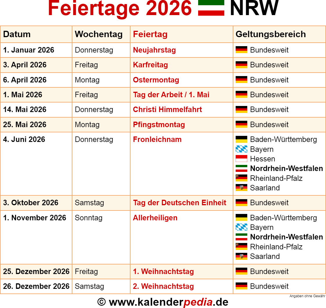 Feiertage Nordrhein-Westfalen (NRW) 2026 - Kalenderpedia Bildidee 