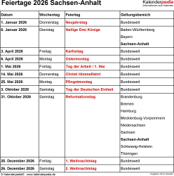  Feiertage Sachsen-Anhalt 2026 - Kalenderpedia Illustration 
