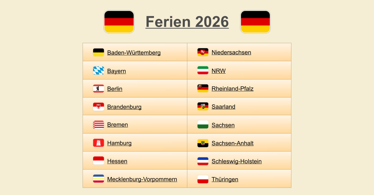  Ferien 2026 - (Termine & Übersicht) 