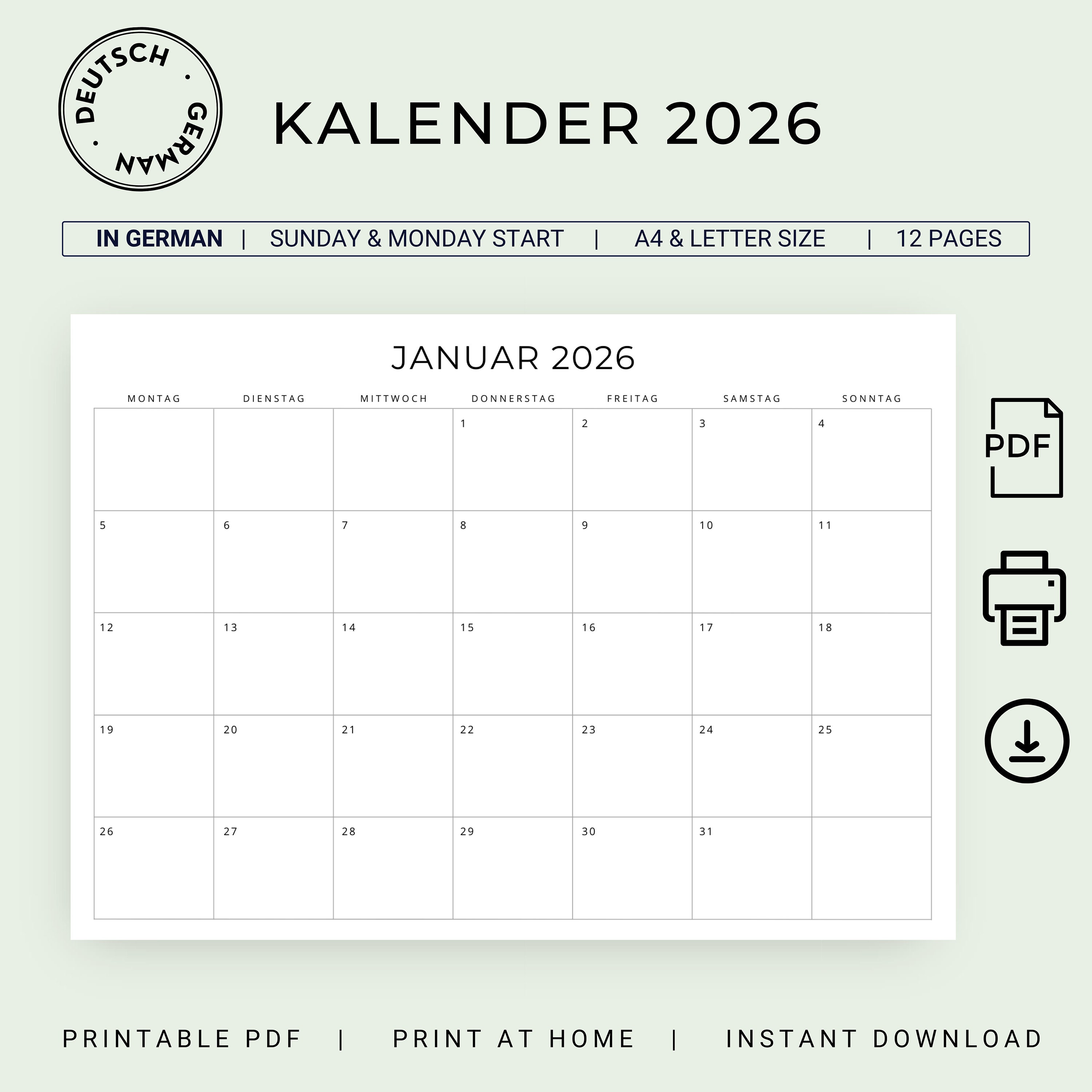  2026 Kalender 2026 Monatskalender 2026 Deutscher Kalender 2026 