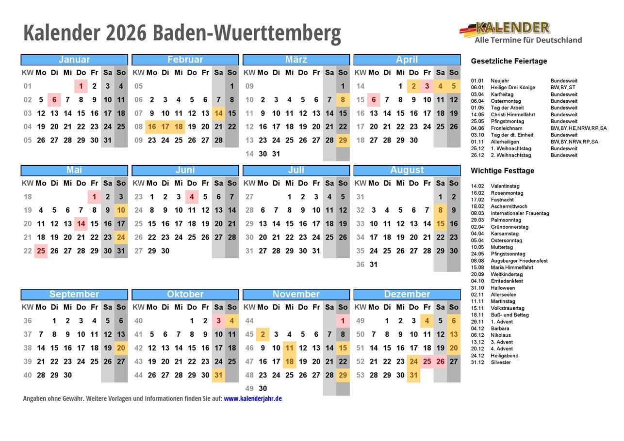  Foto zu Kalender 2026 Baden-Wuerttemberg PDF und JPG im DIN A4-Querformat 