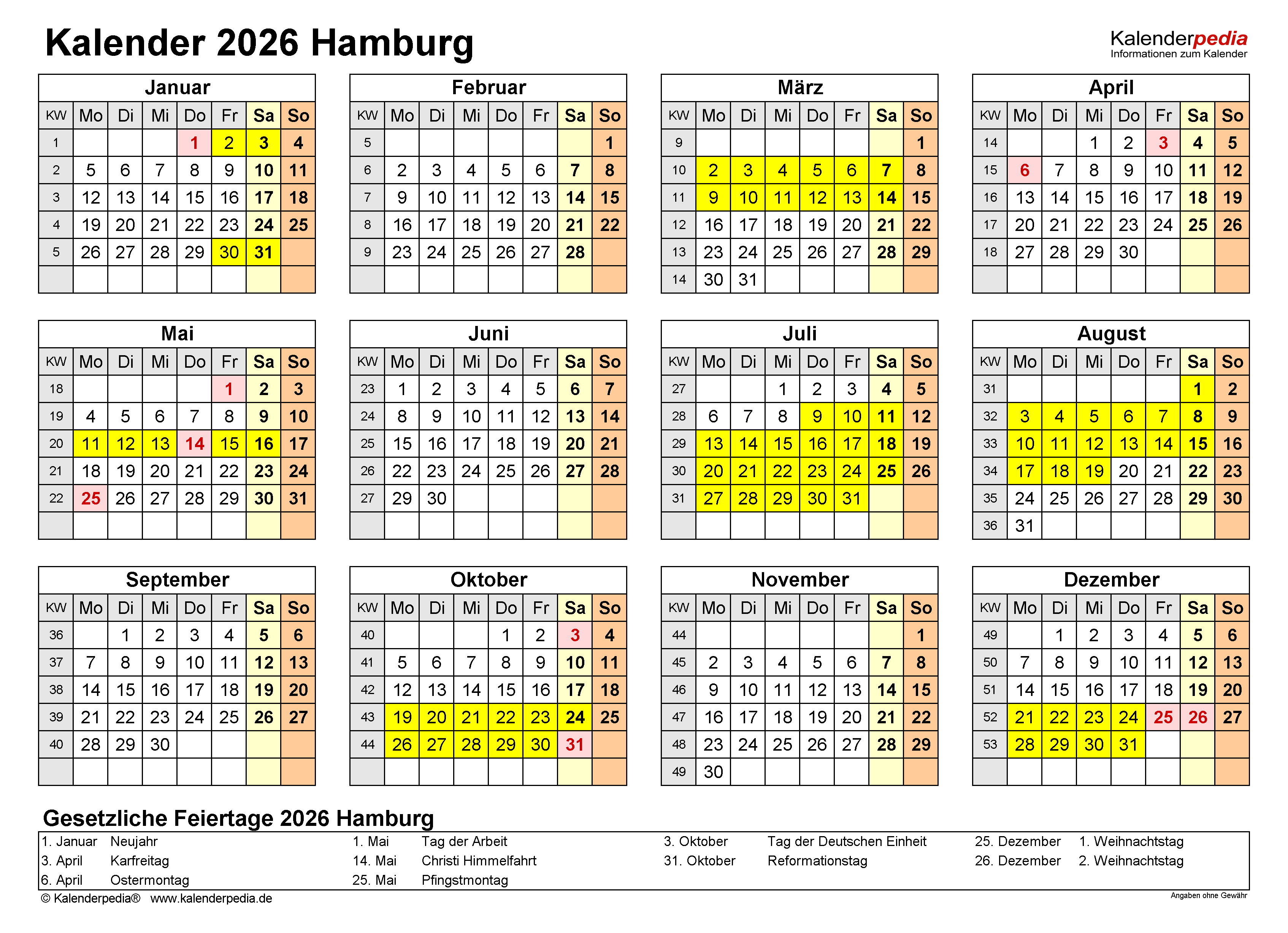  Foto zu Kalender 2026 Hamburg: Ferien, Feiertage, Excel-Vorlagen 