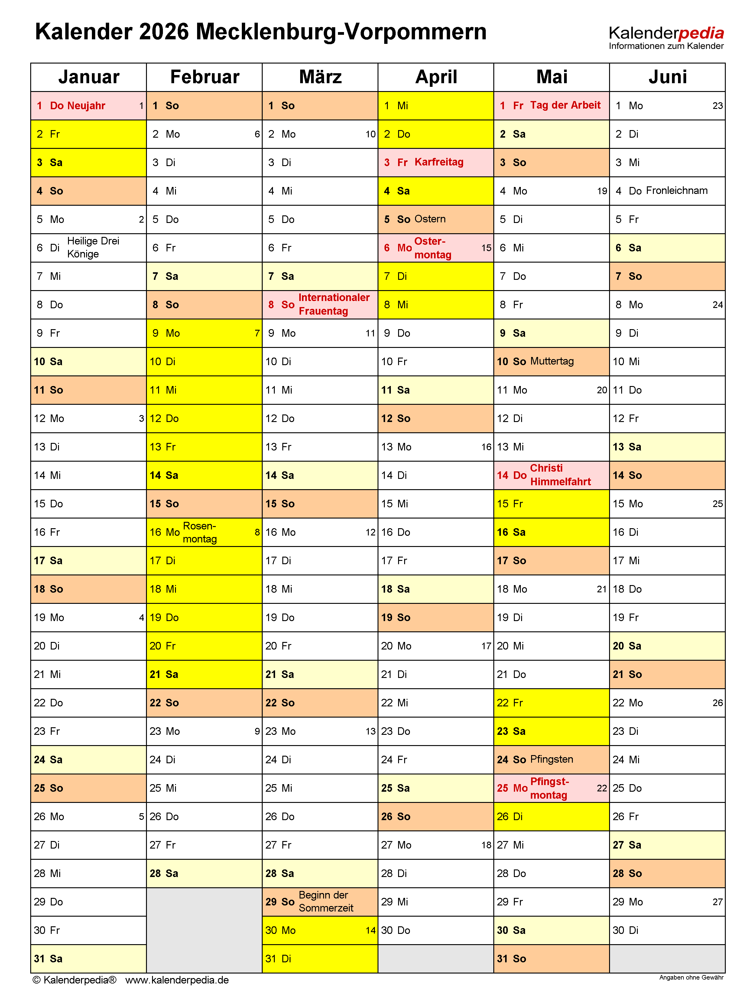  Foto zu Kalender 2026 Mecklenburg-Vorpommern: PDF-Vorlagen mit Ferien 